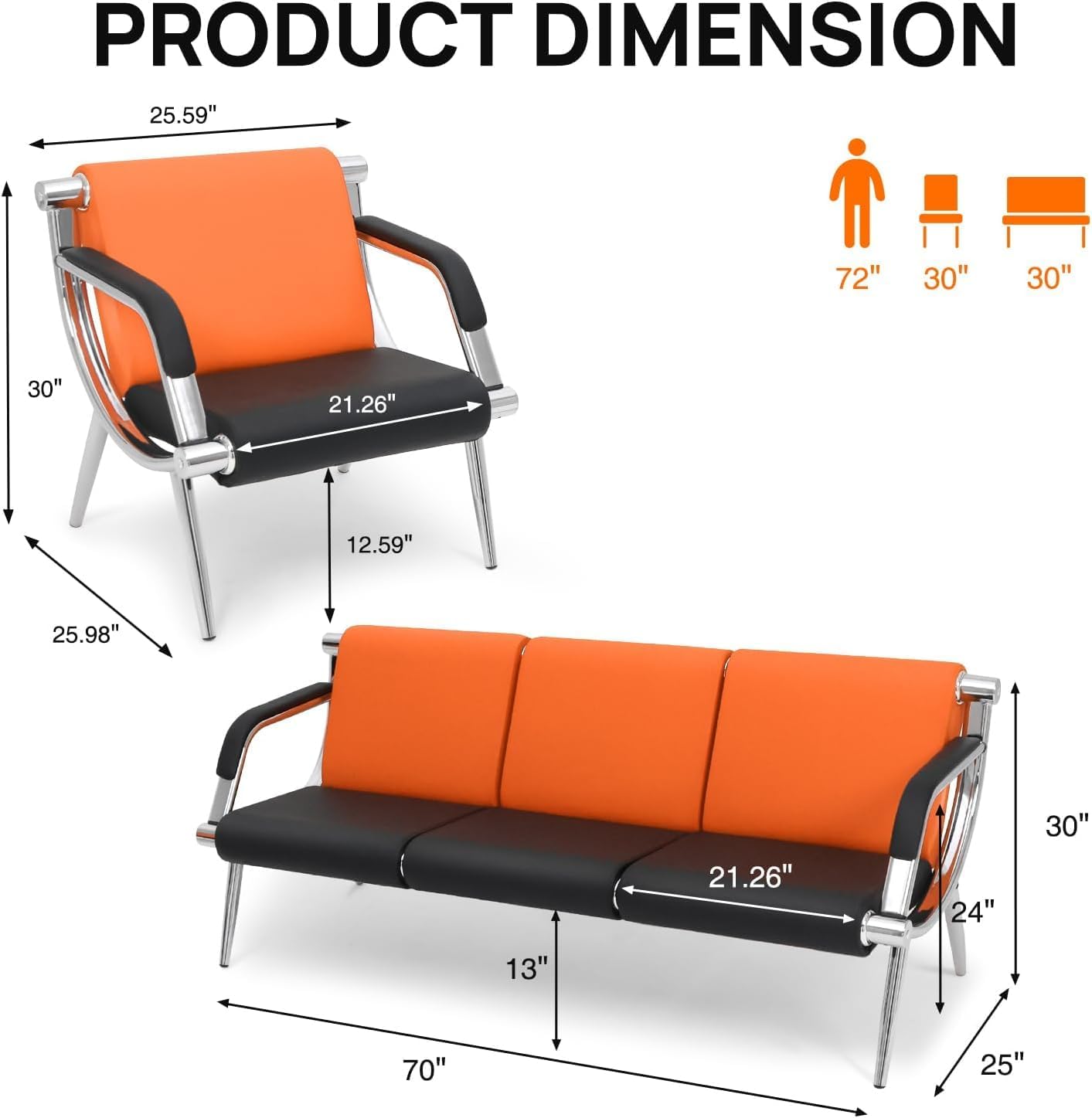 wonline 5 Seat Waiting Room Chair with Armrest PU Leather Office Furniture, Office Guest Seating Lobby Conference Reception Chairs for Airport Clinic Hospital Bank Salon Barber(Orange&Black)