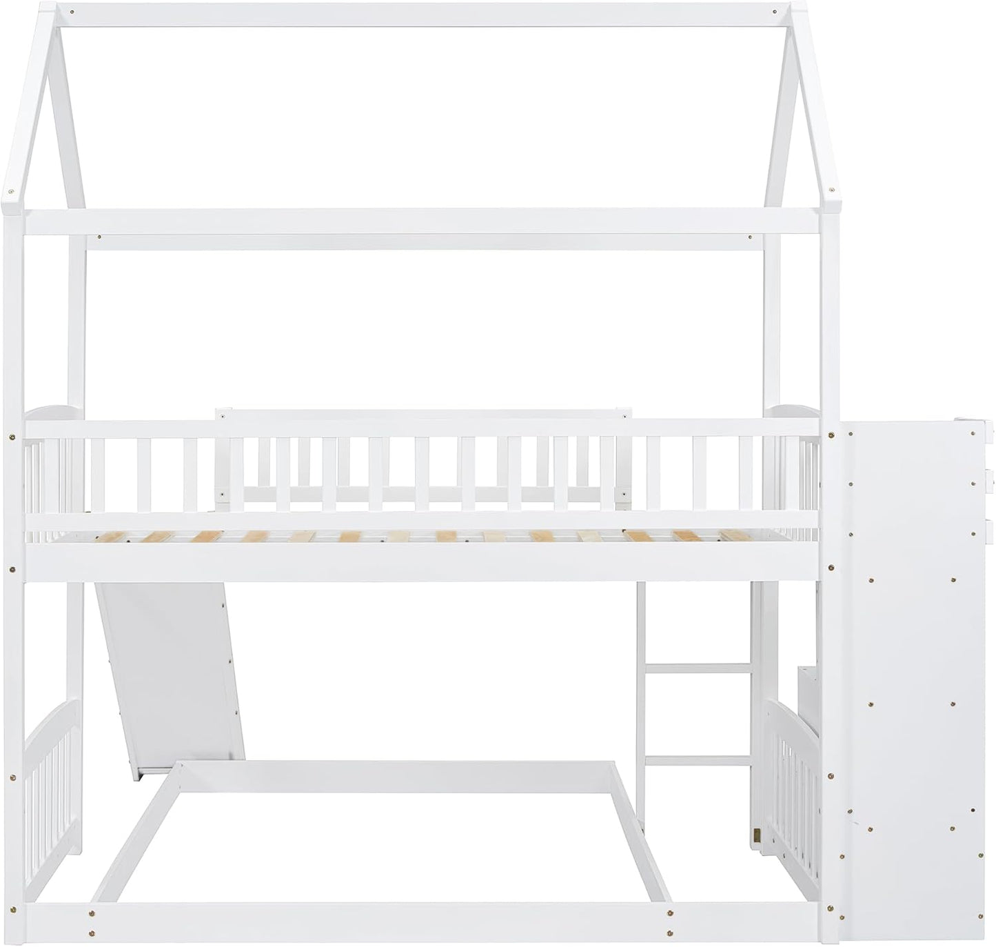 Ball & Cast Twin Over Twin Size House Bunk Bed with Slide and Storage Steps,Wood Bunkbed w/Full-Length Guard Rail & Ladder,Slat Support,Space Saving,Bedroom Furniture for Student Dorms,White