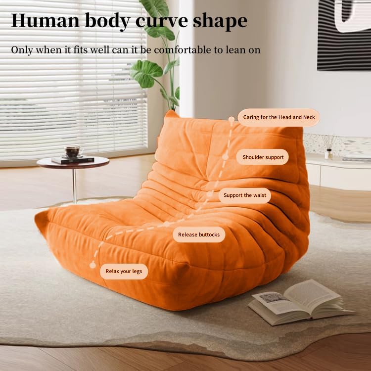Bean Bag Chair - Memory Foam Bean Bag Chair for Adults, Comfy High-Resilience Single Sofa, Small Space Floor Chair, Chaise Lounge for Living Room, Bedroom (Orange, Wrinkles)