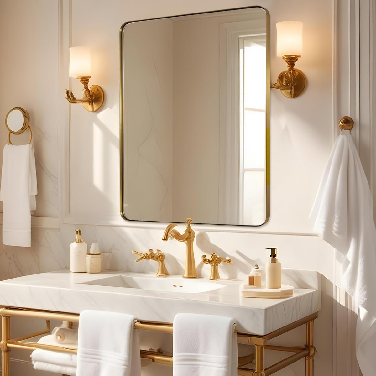 ANDY STAR Gold Bathroom Mirrors for Over Sink, 24x32 Inch Brushed Gold Wall Mirror, Rectangular Metal Framed Vanity Mirror -Modern Clean Design with Superior Stainless Steel Frame