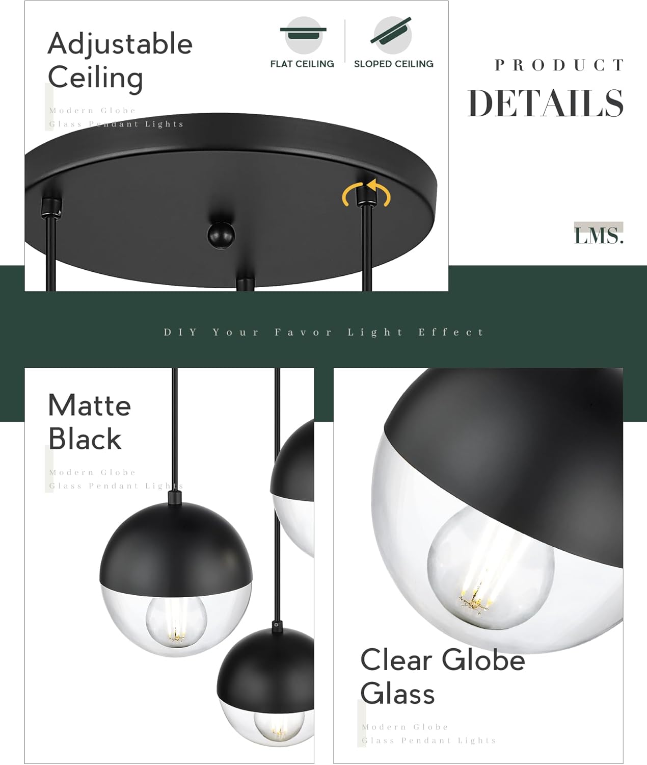 LMS Modern 3-Light Cluster Pendant Lights, Matte Black Kitchen Island Light Fixtures with Clear Globe Glass Shade, Adjustable Hanging Light for Bathroom Bedroom Dining Room Living Room, LMS-186BKC3