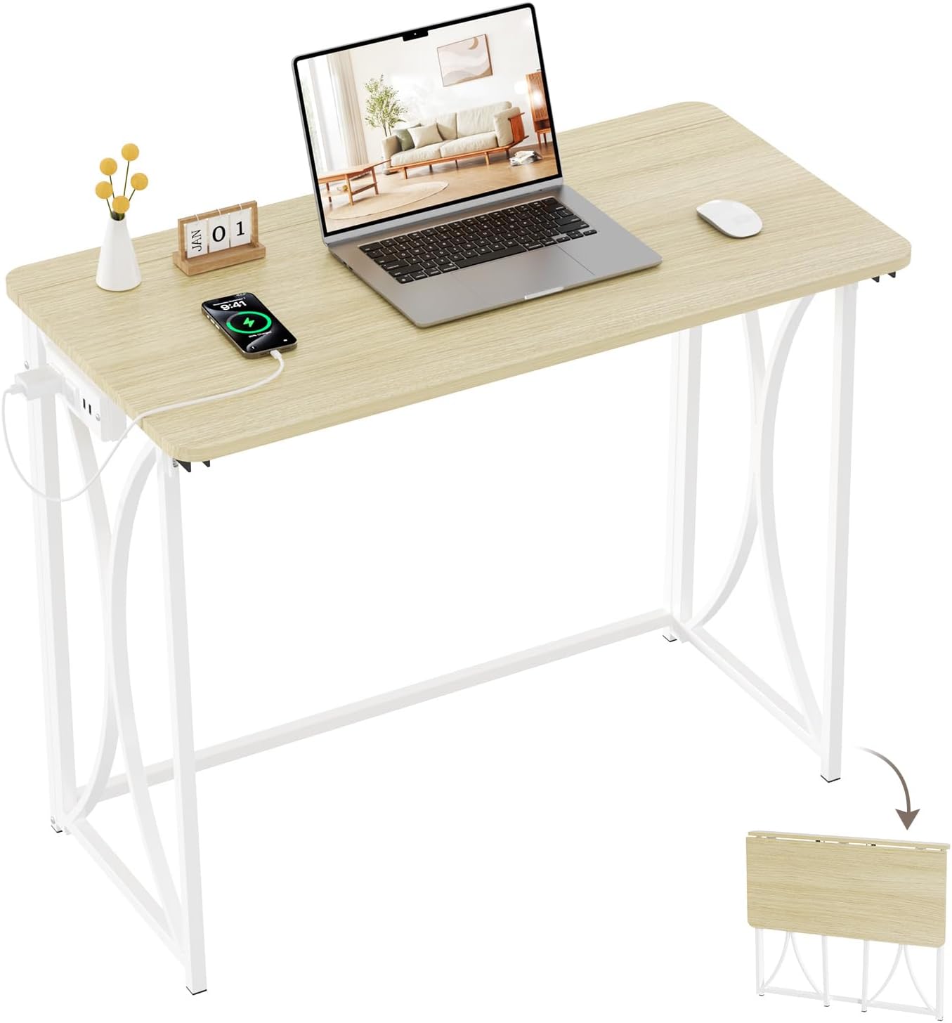 Folding Table, 31.5" Small Desk for Bedroom with Power Outlet, Space Saving Foldable Computer Desk for Home Office, Easy Assembly, Beige