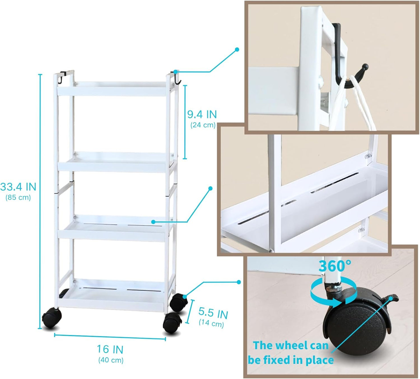 Beyeutao 4 Tier Slim Storage Cart with Wheels White Rolling Utility Cart Bathroom Storage Organizer Narrow Storage Cabinet for Kitchen, Bedroom, Laundry Room, Bathroom