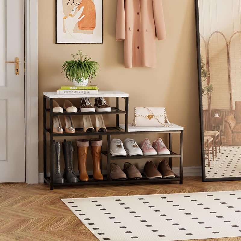 Shoe Rack Bench for Entryway,Free Standing Shoe Storage Organizer for Front Door Entrance,Boot Rack Holder Shelf for Closet with Seat,Sturdy Shoe Shelves for High Heels, Hallways,White Marble
