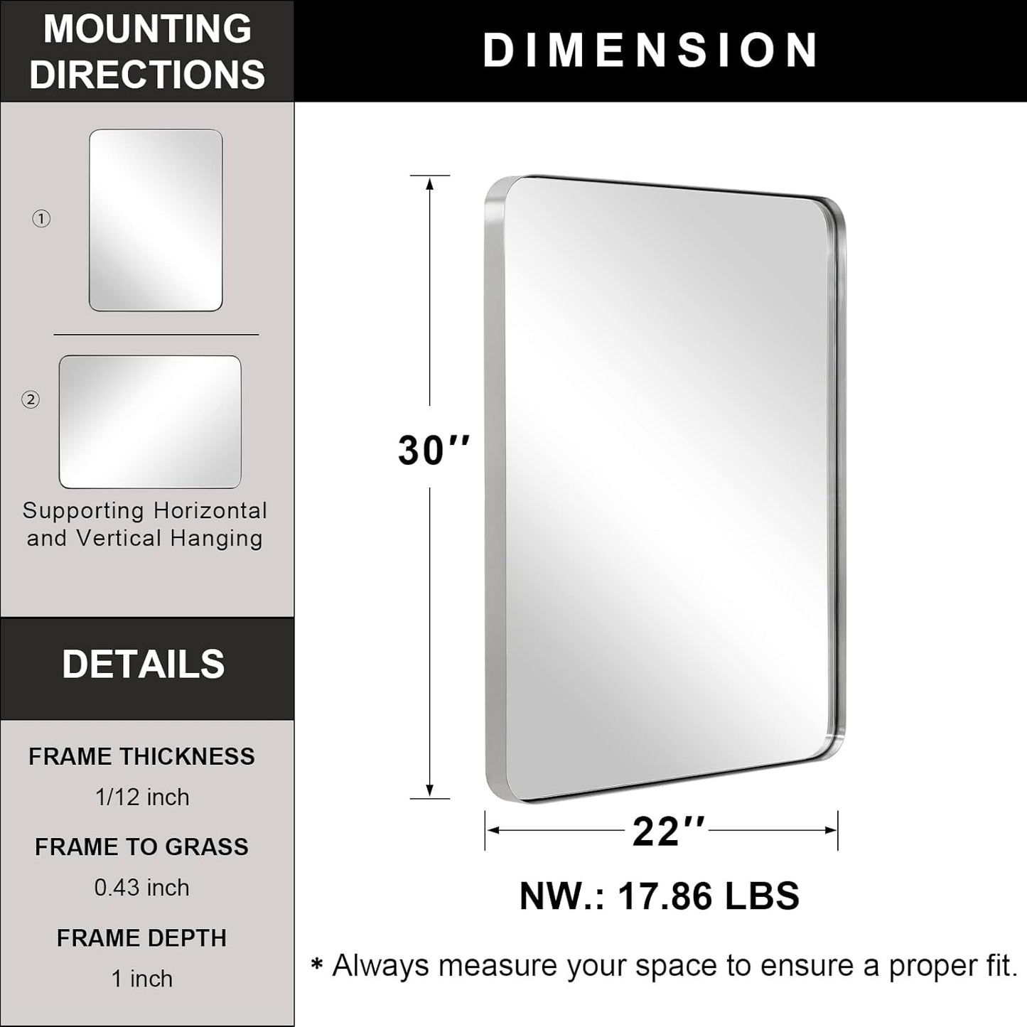 ANDY STAR Brushed Nickel Mirror for Bathroom, 22"x30" Silver Metal Frame Wall Mirror, Rectangular Stainless Steel Rounded Corner Mirror with 1’’ Deep Set Design Hangs Horizontal Or Vertical