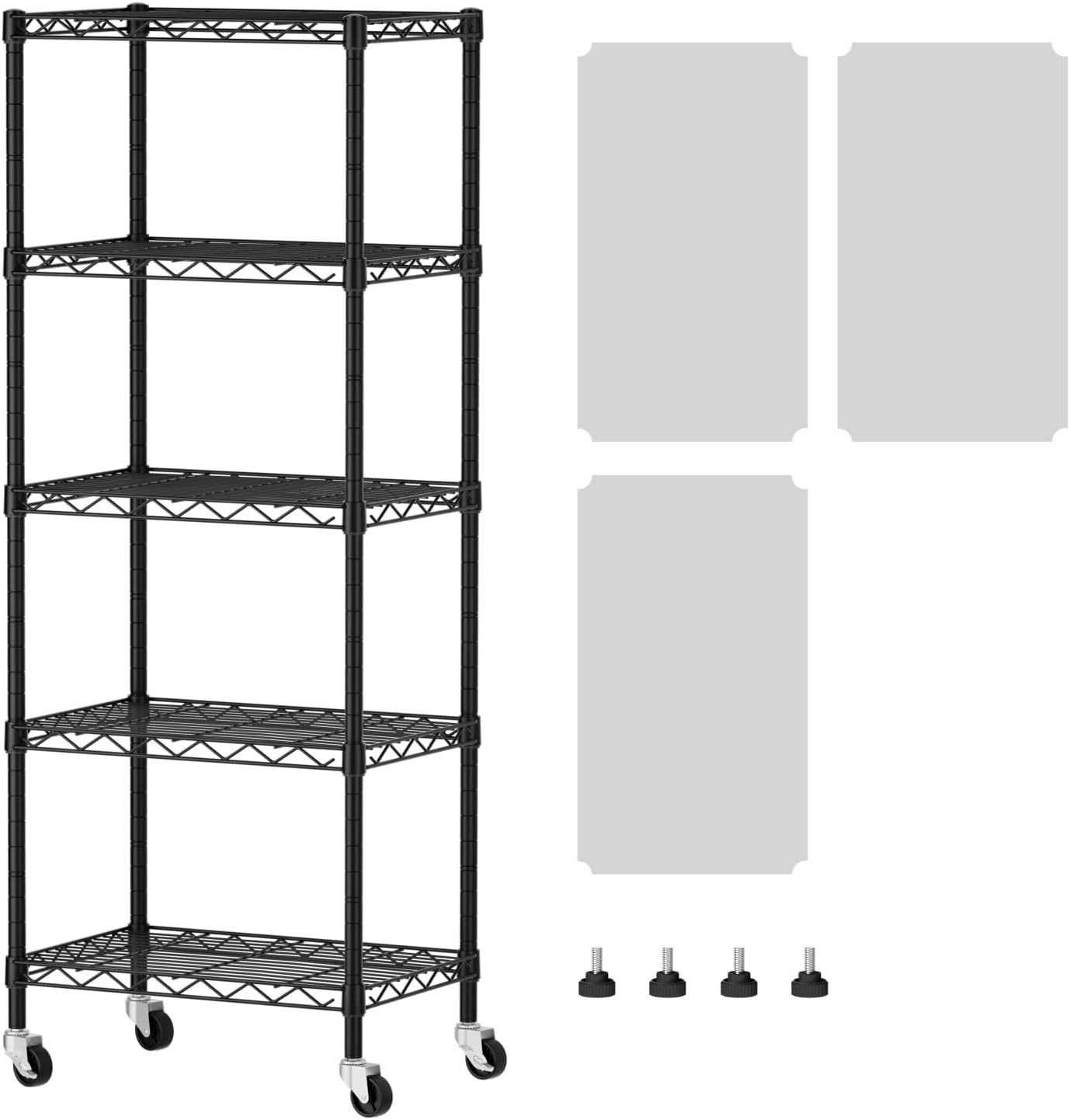 SINGAYE 5 Shelves Storage Shelf Wire Closet Bathroom Organizers Metal Pantry Kitchen Small Garage Shelving Unit Laundry Room Organization Home Narrow Rack Net Basket with Wheels Black