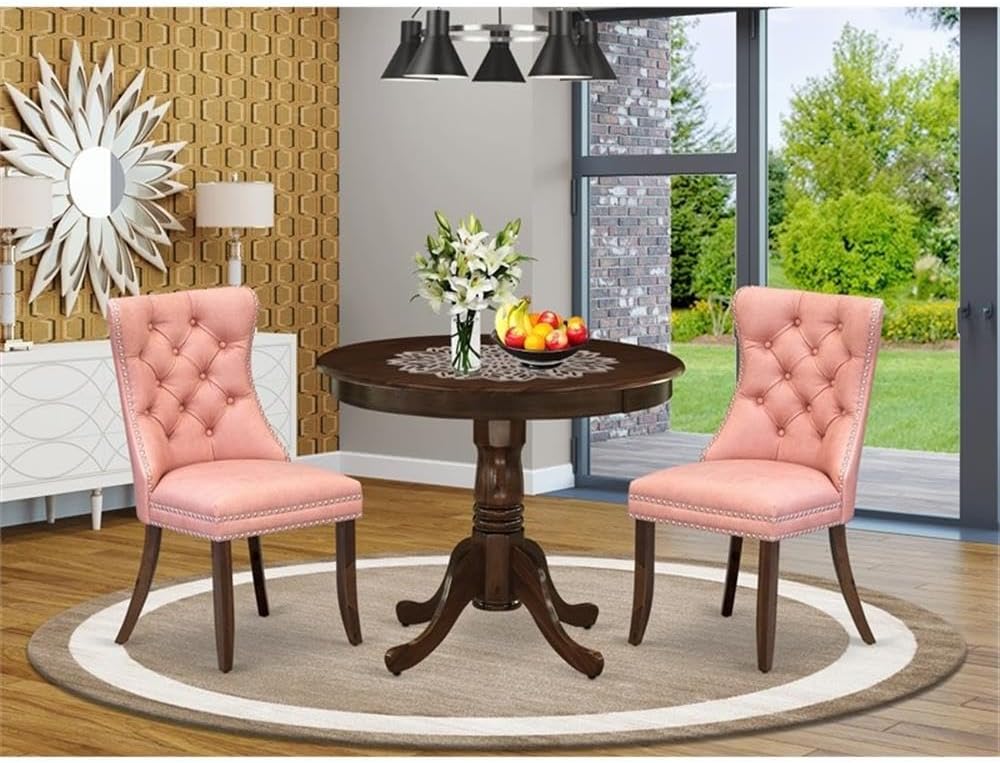 East West Furniture ANDA3-AWA-23 3 Piece Dining Set Contains a Round Kitchen Table with Pedestal and 2 Polyester Fabric Upholstered Parson Chairs, 36x36 Inch, Antique Walnut