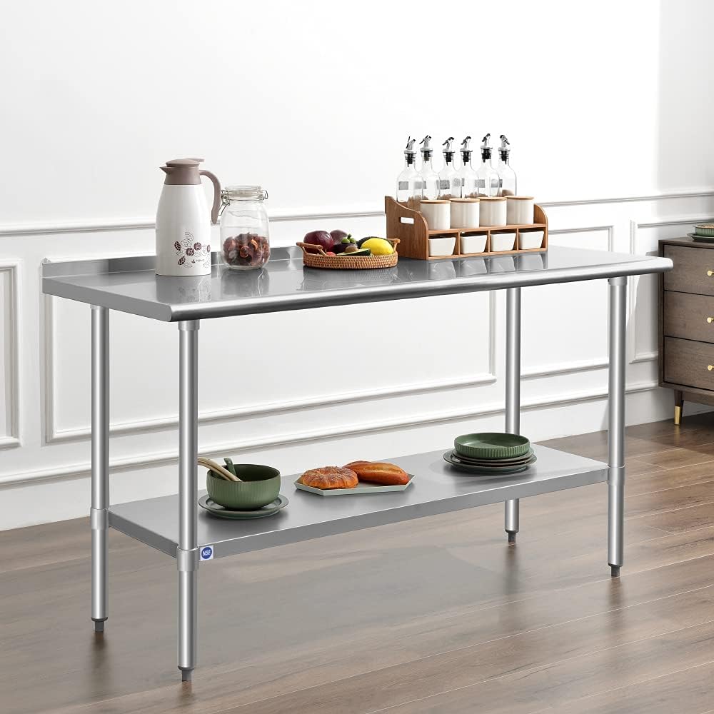 ROCKPOINT Stainless Steel Table for Prep & Work with Backsplash 24x60 Inches, NSF Metal Commercial Kitchen Heavy Duty Table with Adjustable Under Shelf and Table Foot for Restaurant, Home and Hotel