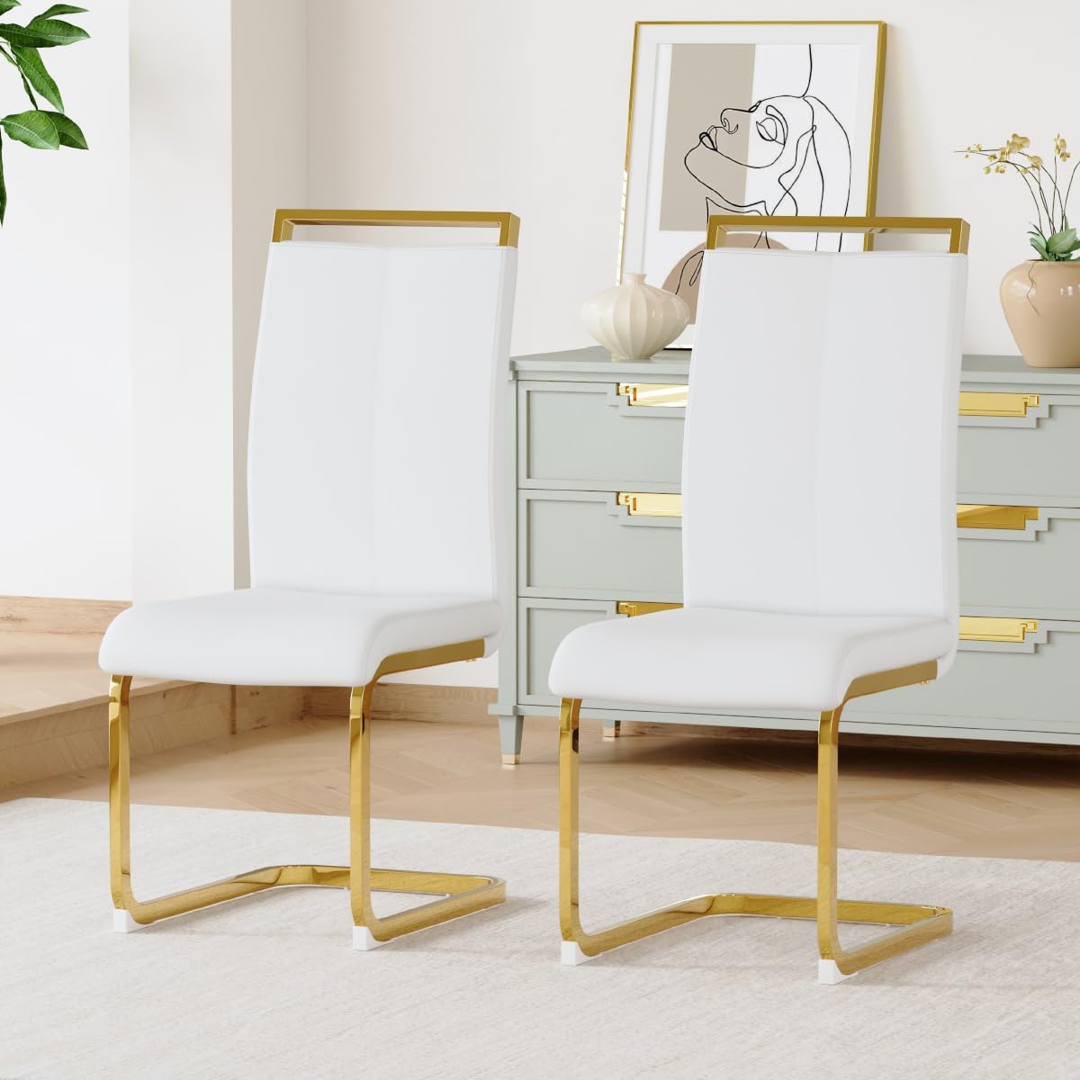 Dining Chairs Set of 2, Faux Leather Dining Chairs with Plated Chrome Metal Frame, Modern Kitchen Chairs Set with Padded Seat High Back for Dining Room, Kitchen Room, Living Room.