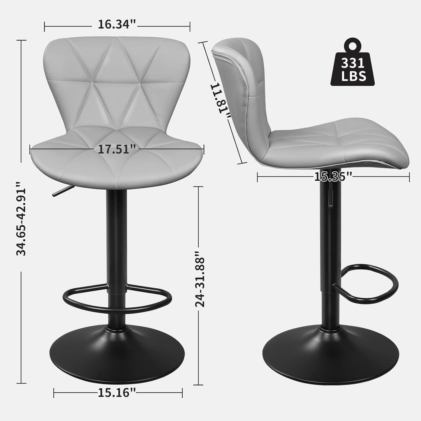 Bar Stools Set of 2, Adjustable Swivel Bar Chairs with Shell Back, PU Leather Counter Height Bar Stools for Kitchen lsland, Light Grey