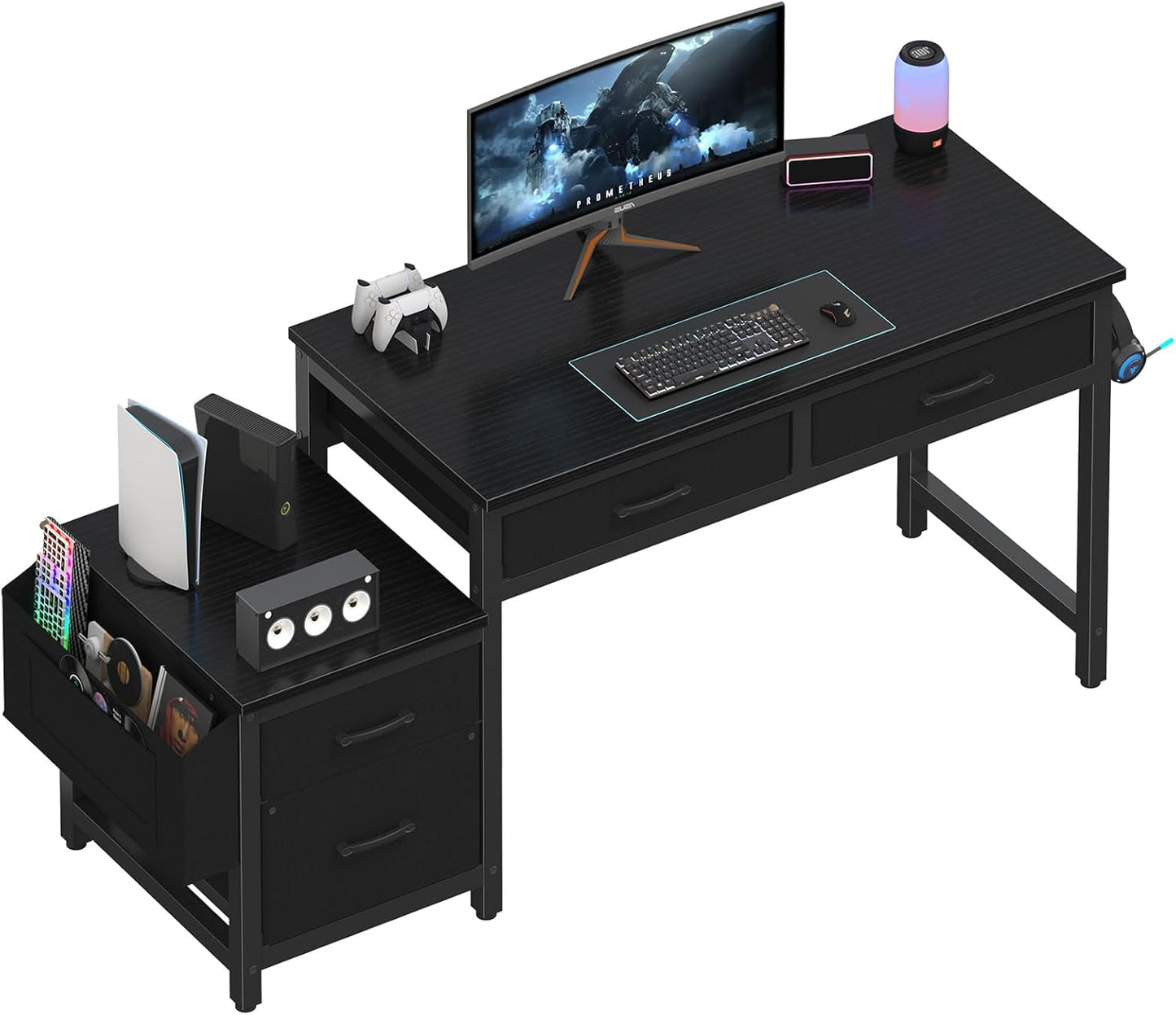 Lufeiya Gaming Desk with Fabric File Drawers Cabinet, 57 Inch Home Office Desks with Reversible Filing Cabinet Printer Stand for Small Space, Study Writing Table PC Computer Desks for Bedroom, Black