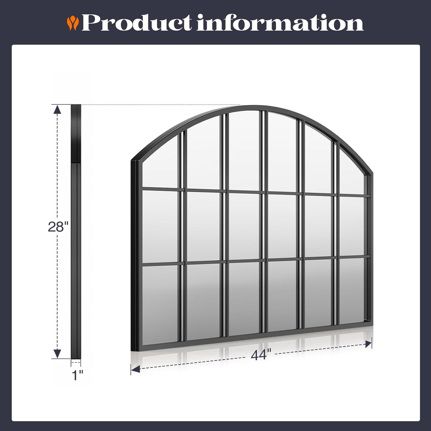 Wide Window Pane Mirror, 44" x 28" Black Arched Mirror for Wall, Grid Large Decorative Wall Mirrors for Living Room Bedroom Farmhouse Fireplace Hallway Entryway