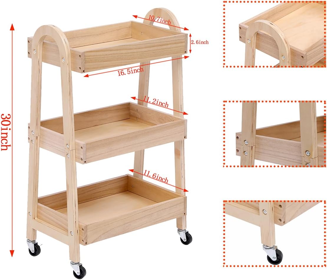3-Tier Rolling Craft Cart, light-colored wood, Sturdy, Waterproof, with Wheels, for Kitchen, Bathroom, Laundry
