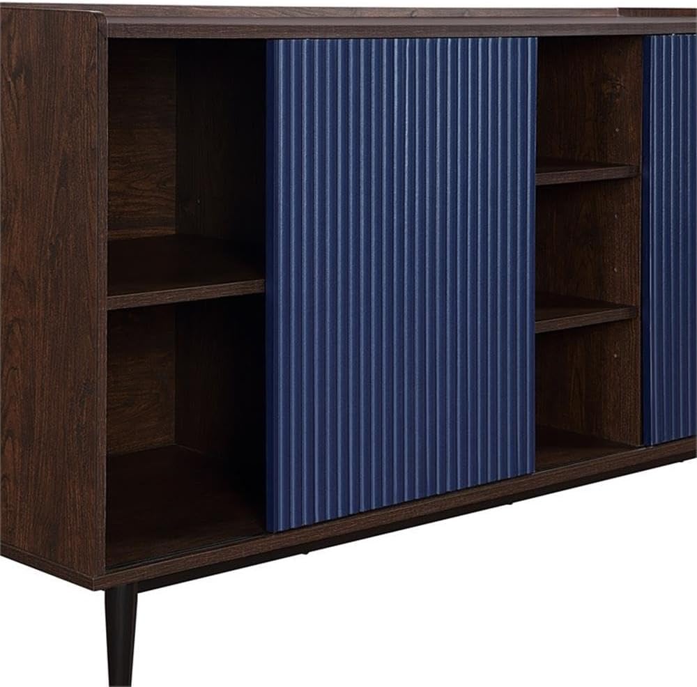 Manhattan Comfort Duane 59-Inch Ribbed Mid Century Modern Sideboard, Versatile Dining & Living Room Buffet Table with 3 Adjustable Center Shelves & 2 Side Cabinets, Navy Blue