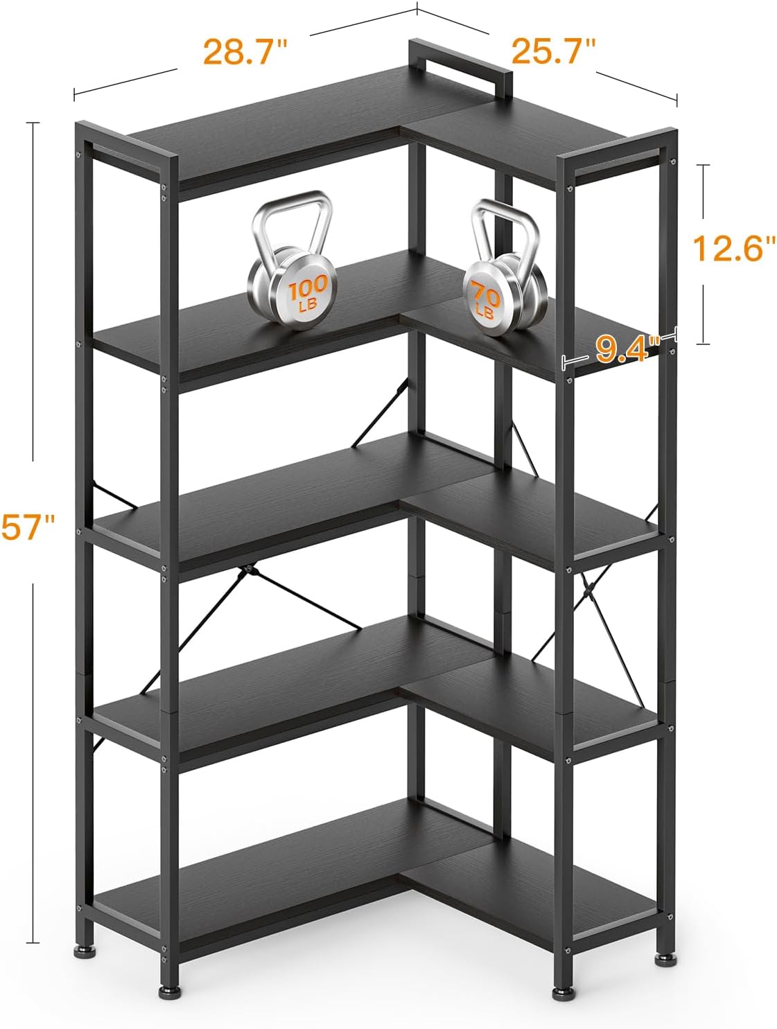 Casaottima Corner Bookshelf 5 Tier, 57 Inches Reversible Book Shelf for Living Room, Industrial Wooden Bookcase with Open Shelves and Metal Frame for Bedroom, Home Office, Kitchen, Black