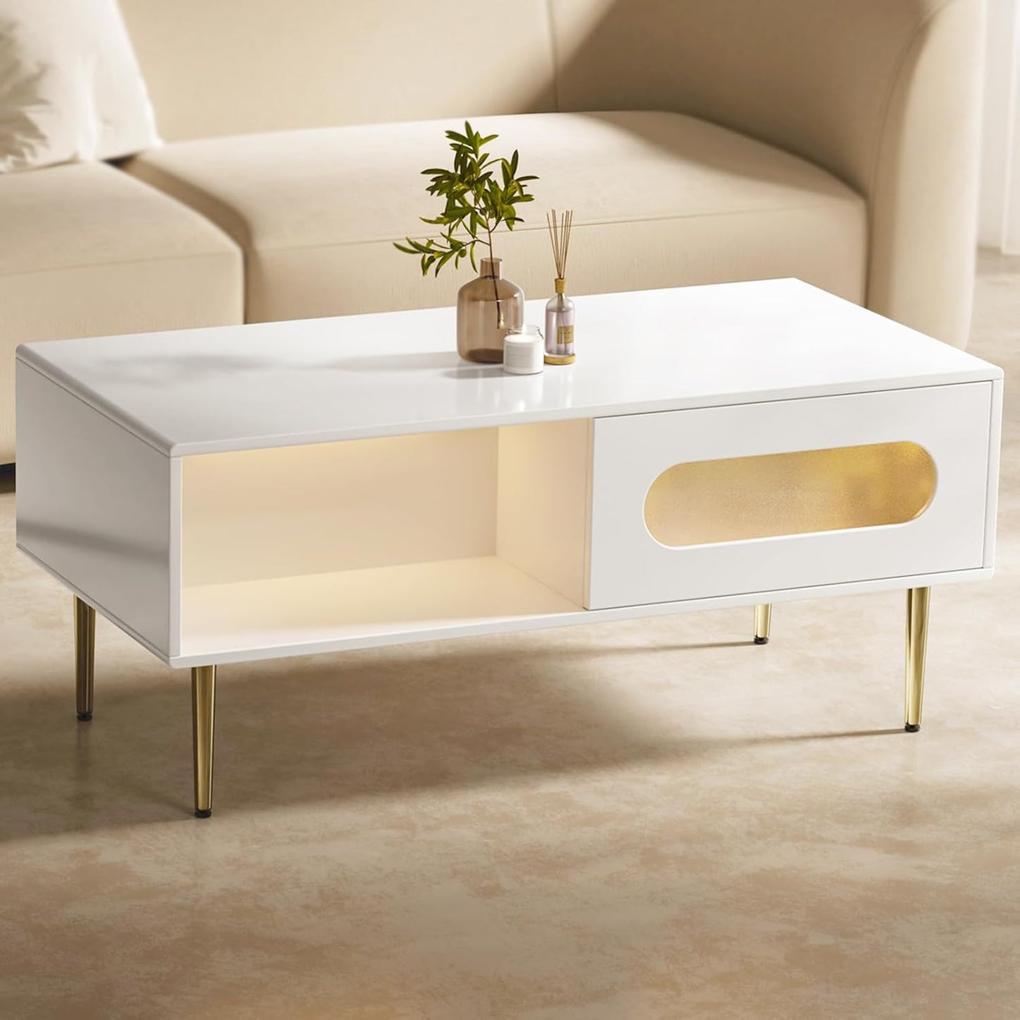 Modern Coffee Table for Living Room - LED Living Room Table with 4 Storage Compartments, Semi See-Through Sliding Doors - Glossy Finish, Metal Legs, Rounded Edges - Contemporary Home Furniture