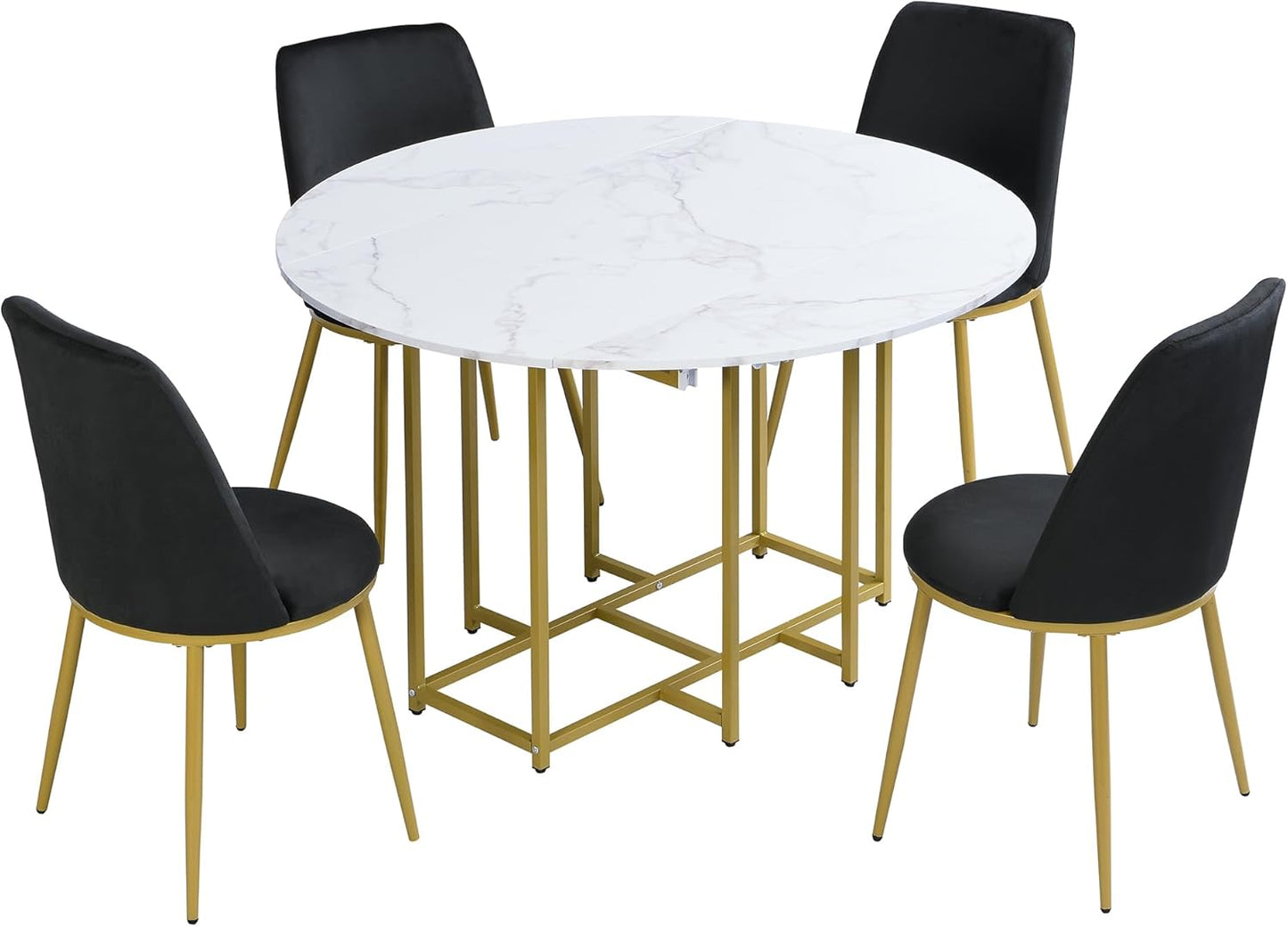 Merax 47.2” Round Dining Table Set for 4, Foldable Kitchen Dining Table with 11.8” Drop Leaves, Faux Marble Top with Golden Frame, 4 Upholstered Chairs (White+Black)