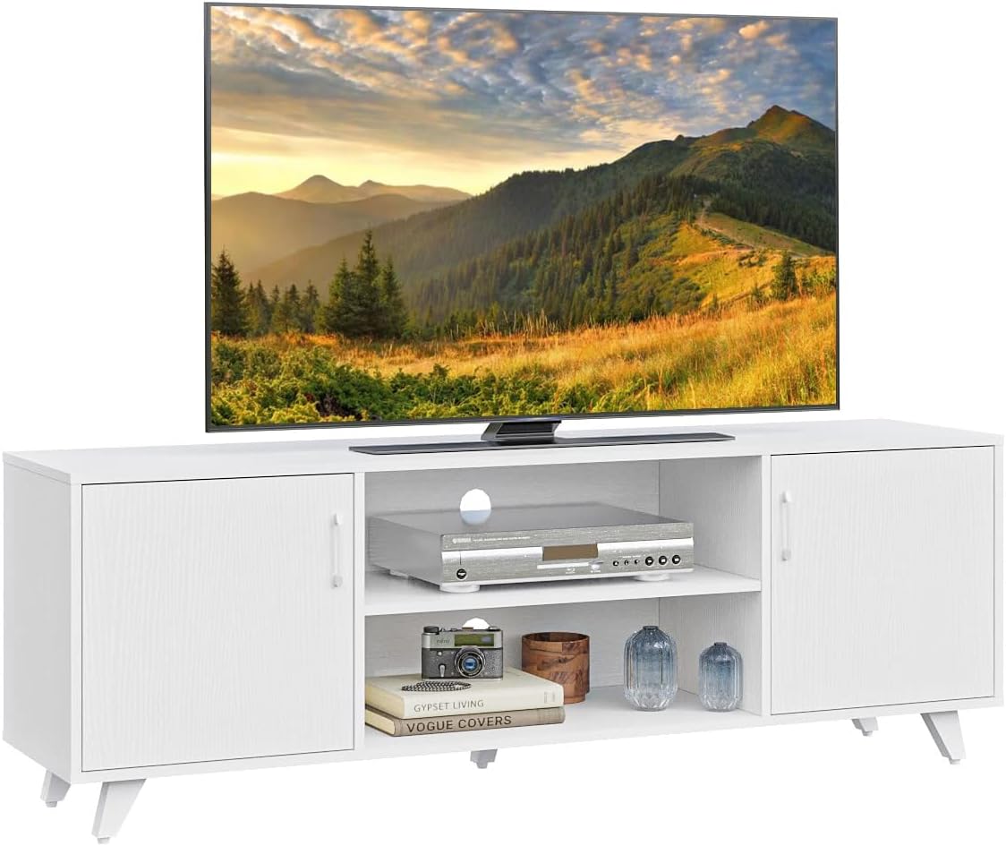 Panana Mid Century TV Stand Entertainment Center with 2 Doors, Wooden Medial Console Table for Living Room Furniture, 53.5" x 15" x 21.7" (White)