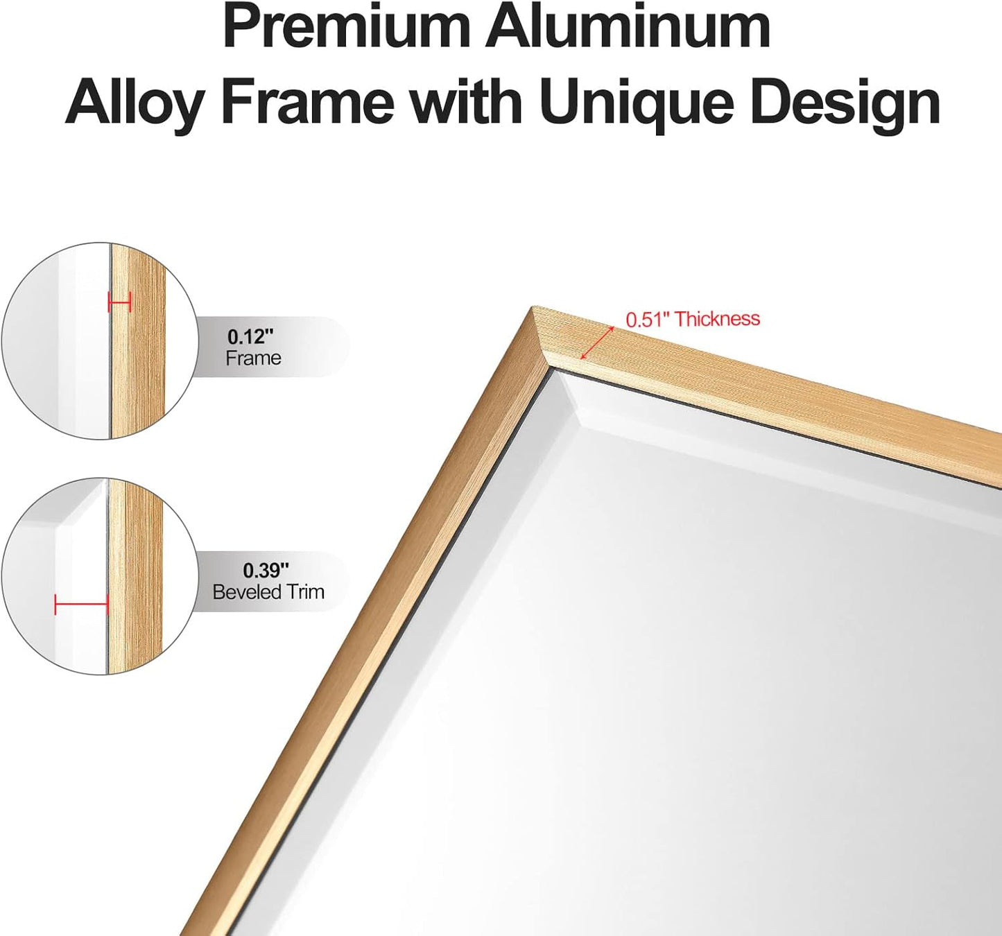 30x30 Inch Gold Mirror with Beveled Trim, Aluminum Frame Bathroom Vanity Mirror, Copper-Free Mirror, Rectangle Wall Mounted Mirror, Modern Rectangular Mirror Horizontal or Vertical