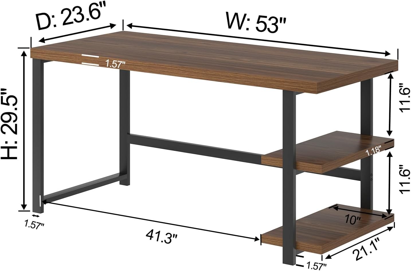 FOLUBAN Modern Computer Desk, Wood Home Office Desk, Study Writing Gaming Table Workstation with Storage Shelves for Living Room Bedroom, Rustic Walnut, 53 Inch