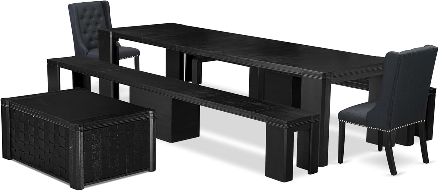 X02FO-2C6-24 - 5-piece Modern Dining Table Set a Rectangular Kitchen Table and 2 wooden Benches and 2 Black Linen Fabric Dining Chair, 39x120 Inch, Wire Brushed Black