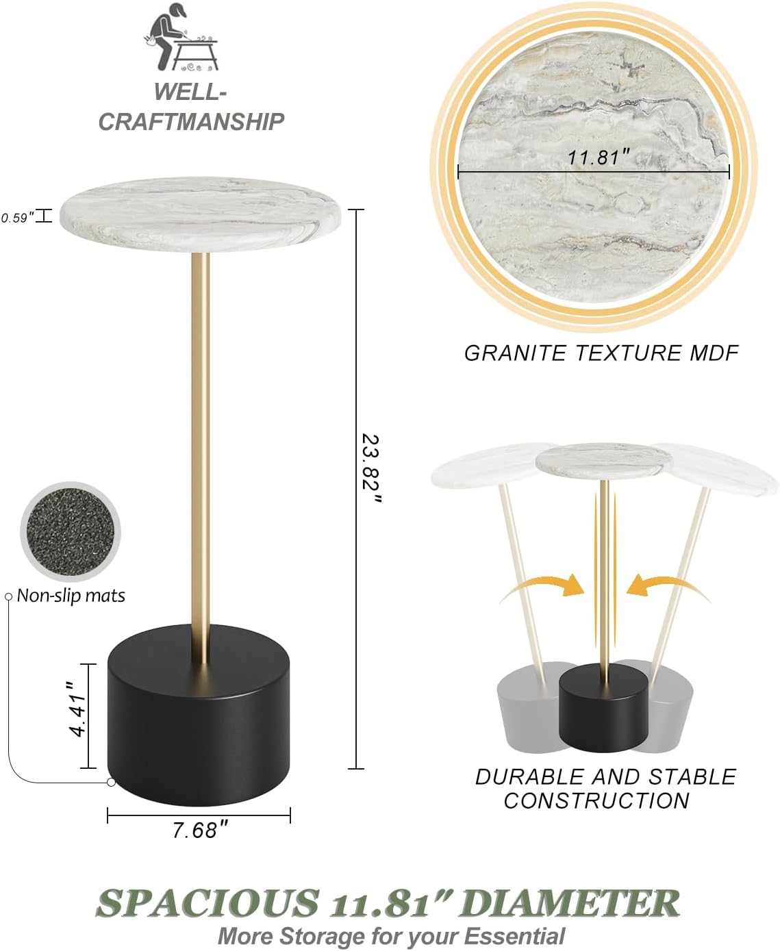 Drink Table Pedestal, Round Side Table, Drink Tables for Small Spaces, Pedestal End Table, Small Pedestal Table (Black Gold)