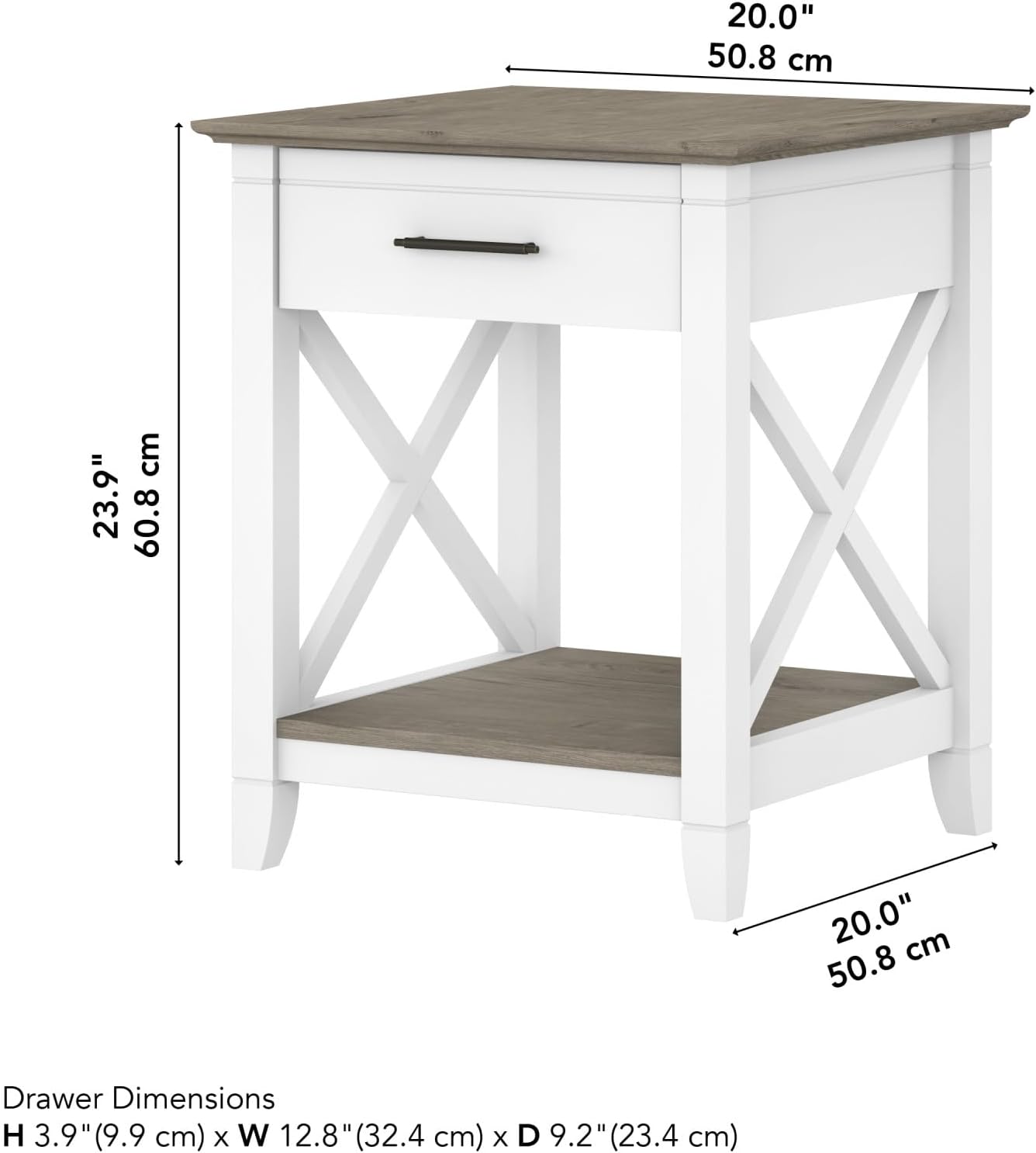 Bush Furniture Key West Small End Table with Storage | Modern Farmhouse Accent Shelf for Living Room in Pure White and Shiplap Gray