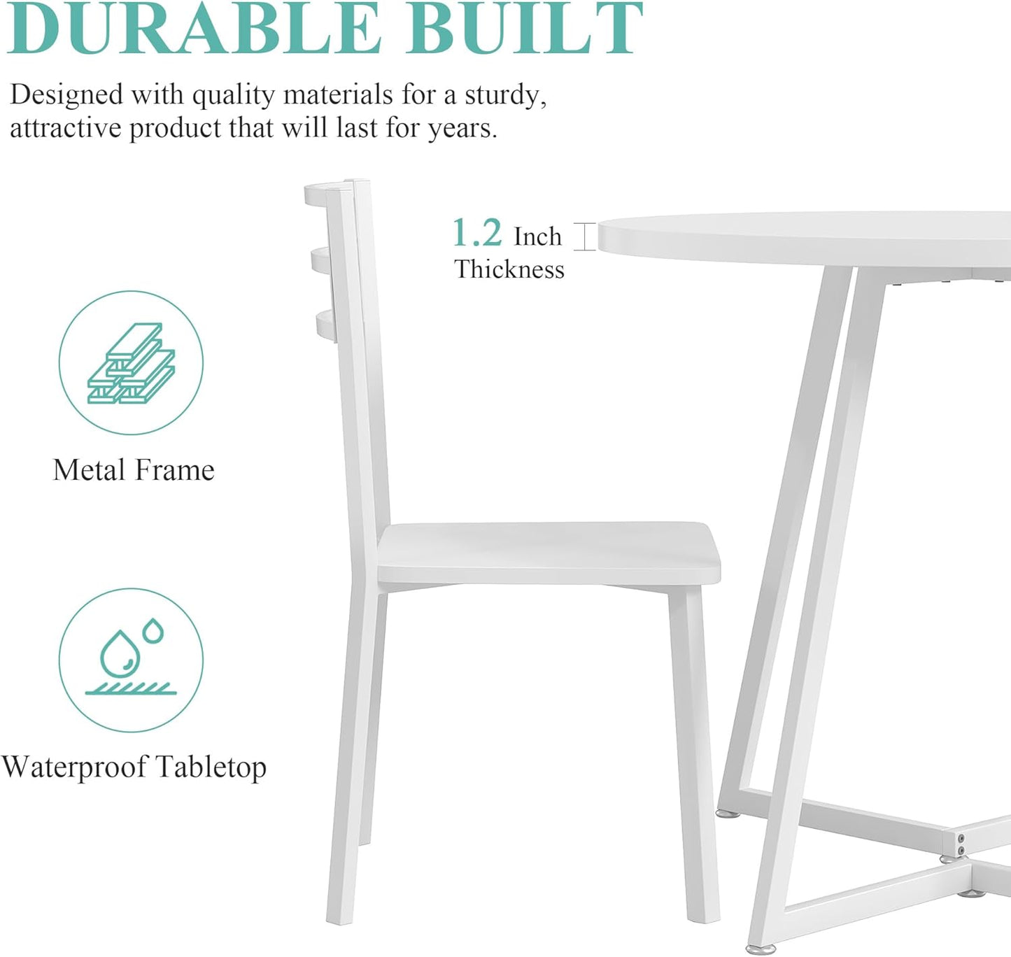 VECELO Small Round Dining Table Set for 2, Wood Tabletop with Strong Metal Frame, Modern Dinette with Chairs for Kitchen, Breakfast Nook Living Room, Pure White