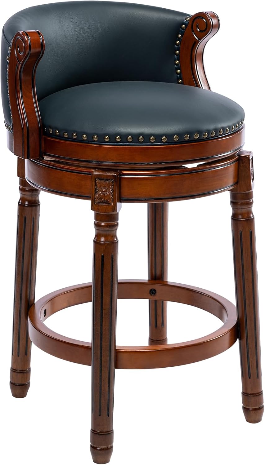 CozyRain Bar Stools Rubber Wood Counter Height Bar Stool Leather Upholstered Swivel Barstools with Back & Footrest for Home,Kitchen,Counter,Dining Room (Navy Blue, Seat Height 26 in)