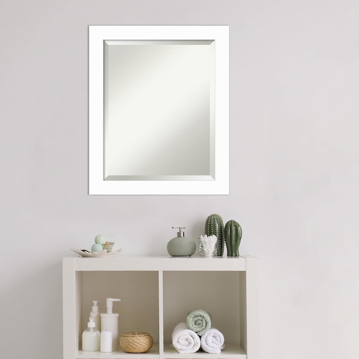 Amanti Art White Bathroom Mirror for Over Sink, 24x20 Basic White Narrow Rectangle Vanity Mirror, Small Casual Wood Frame, Hangs Horizonally and Vertically, Bathroom Wall Decor, Beveled Edge from WI