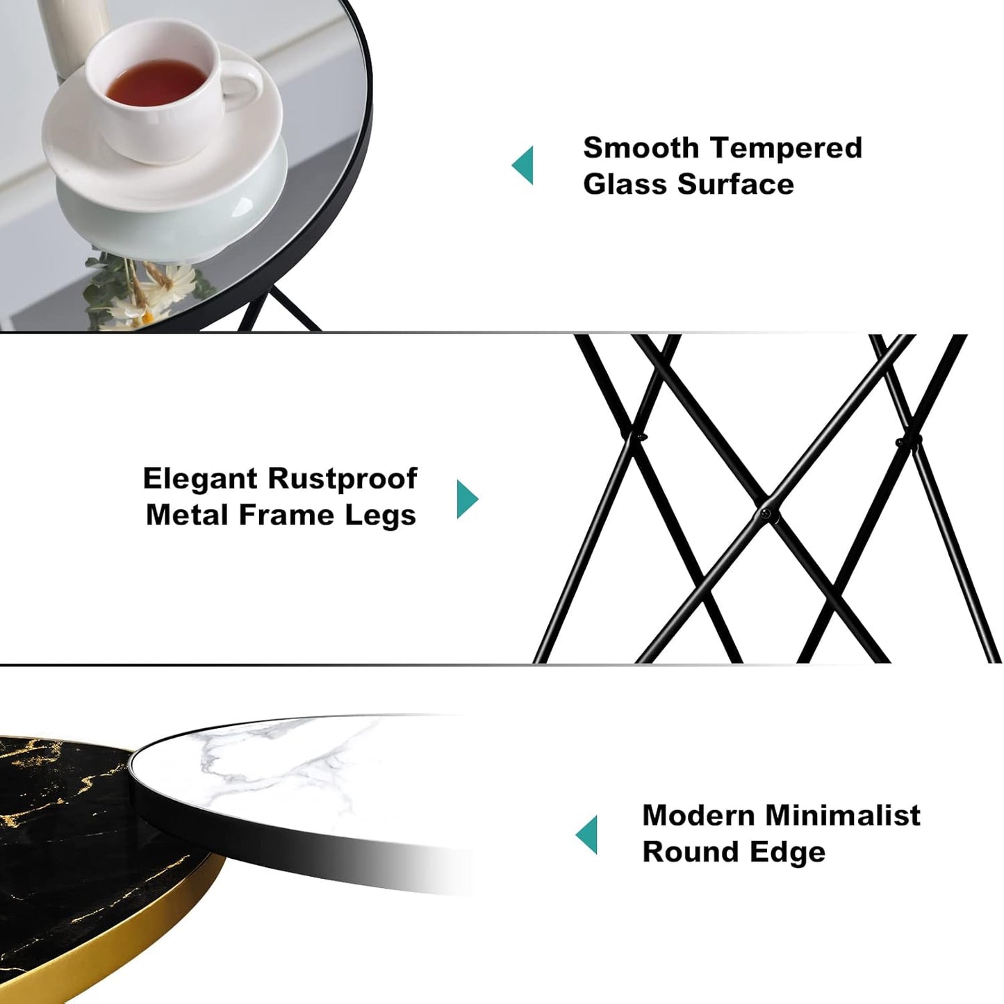 HLR Modern Round Side Table, End Table with Marble Effect Top and Gold Metal Frame, Small Side Table for Living Room, Bedroom, Sofa and Couch, Black Legs, Mirror top