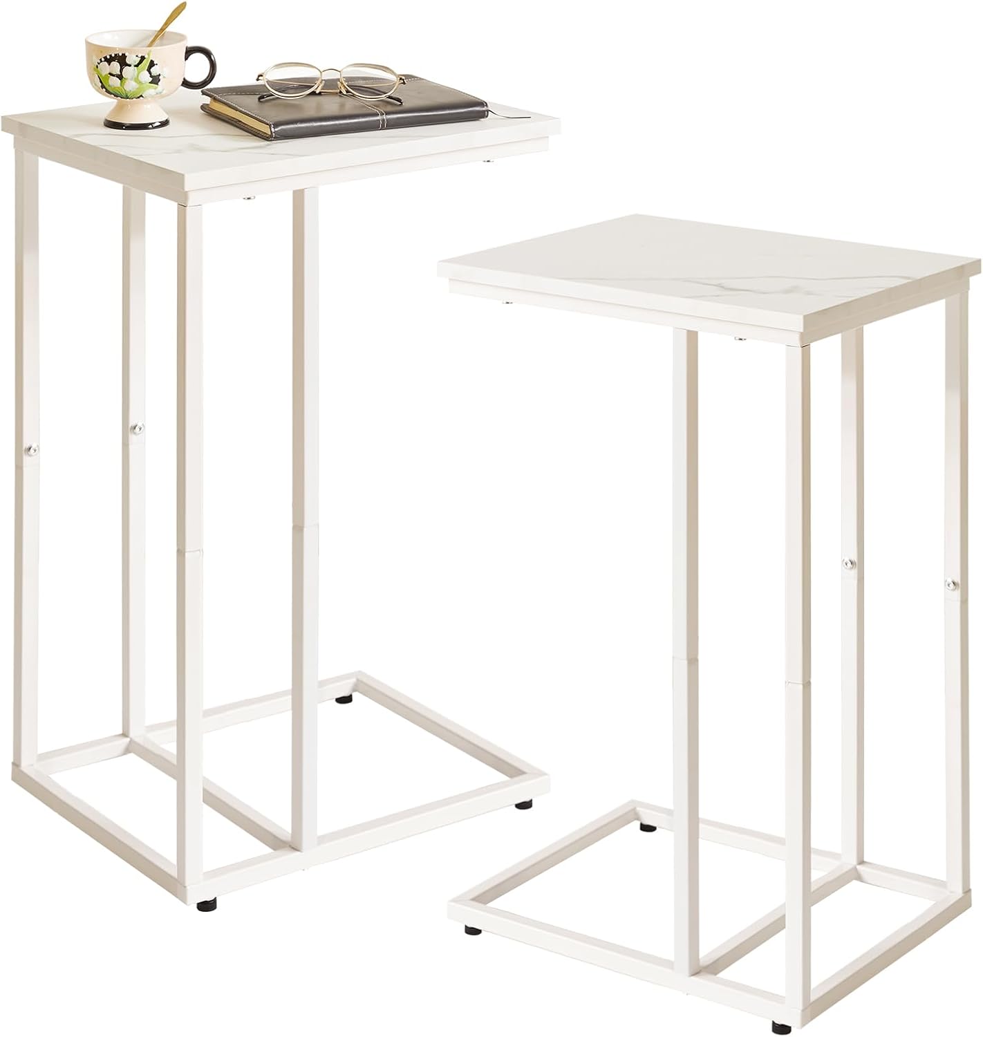 C Shaped End Table Set of 2, Small Side Table for Sofa and Bed, White Bedside Table, Laptop Desk for Couch 16x12x25 inch Faux Marble+White YD-TM051W-2