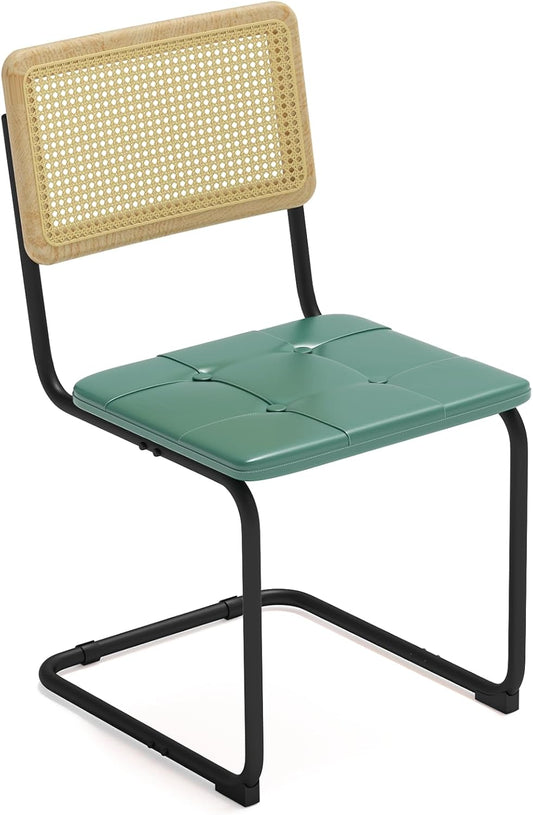 Heavy Duty Rattan Dining Chairs, Modern Dining Room Chairs with Solid Wood Back for Kitchen Living Room, High-end and Durable with Rattan Weaving, Upholstered Faux Leather Green