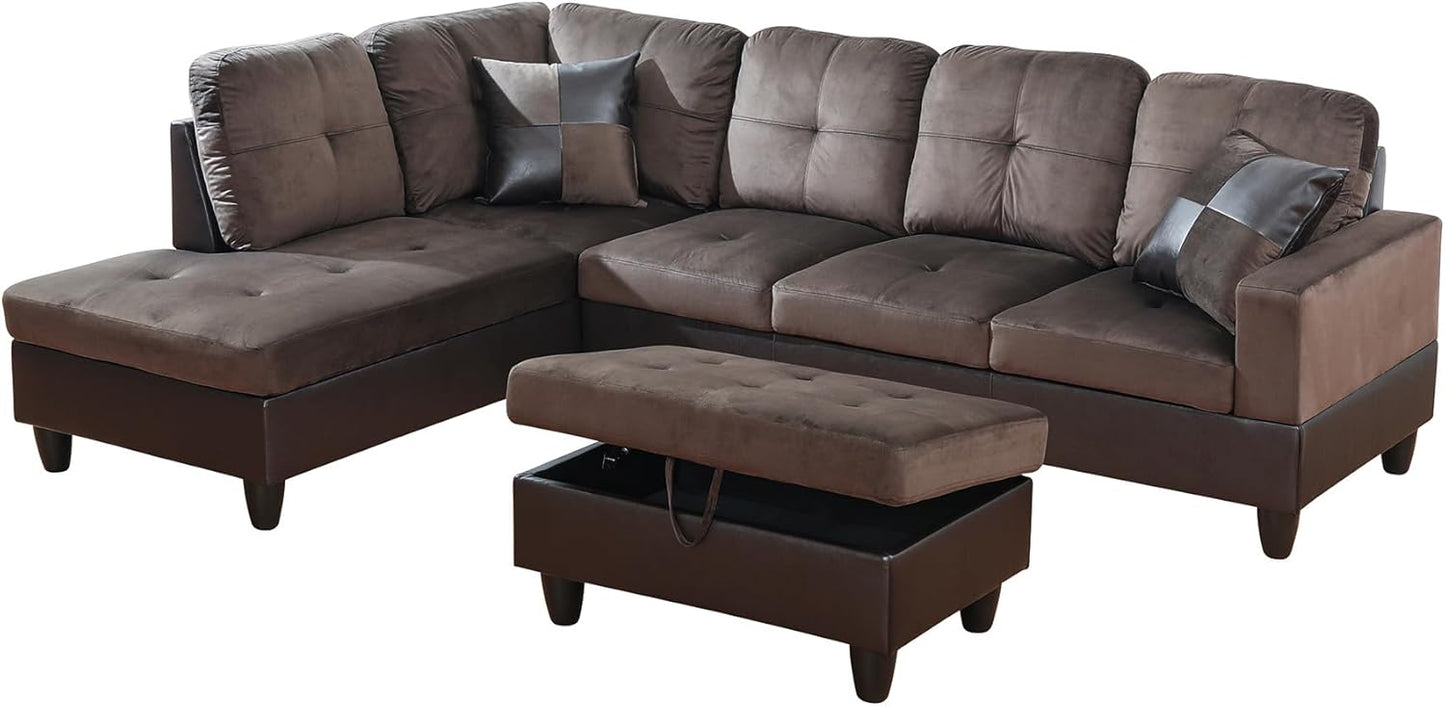 L Shaped Couch Upholstered Flannel Fabric 3 Pieces Sofas for Living Room with Chaise, Storage Ottoman for Office and Small Apartment, Dark Brown