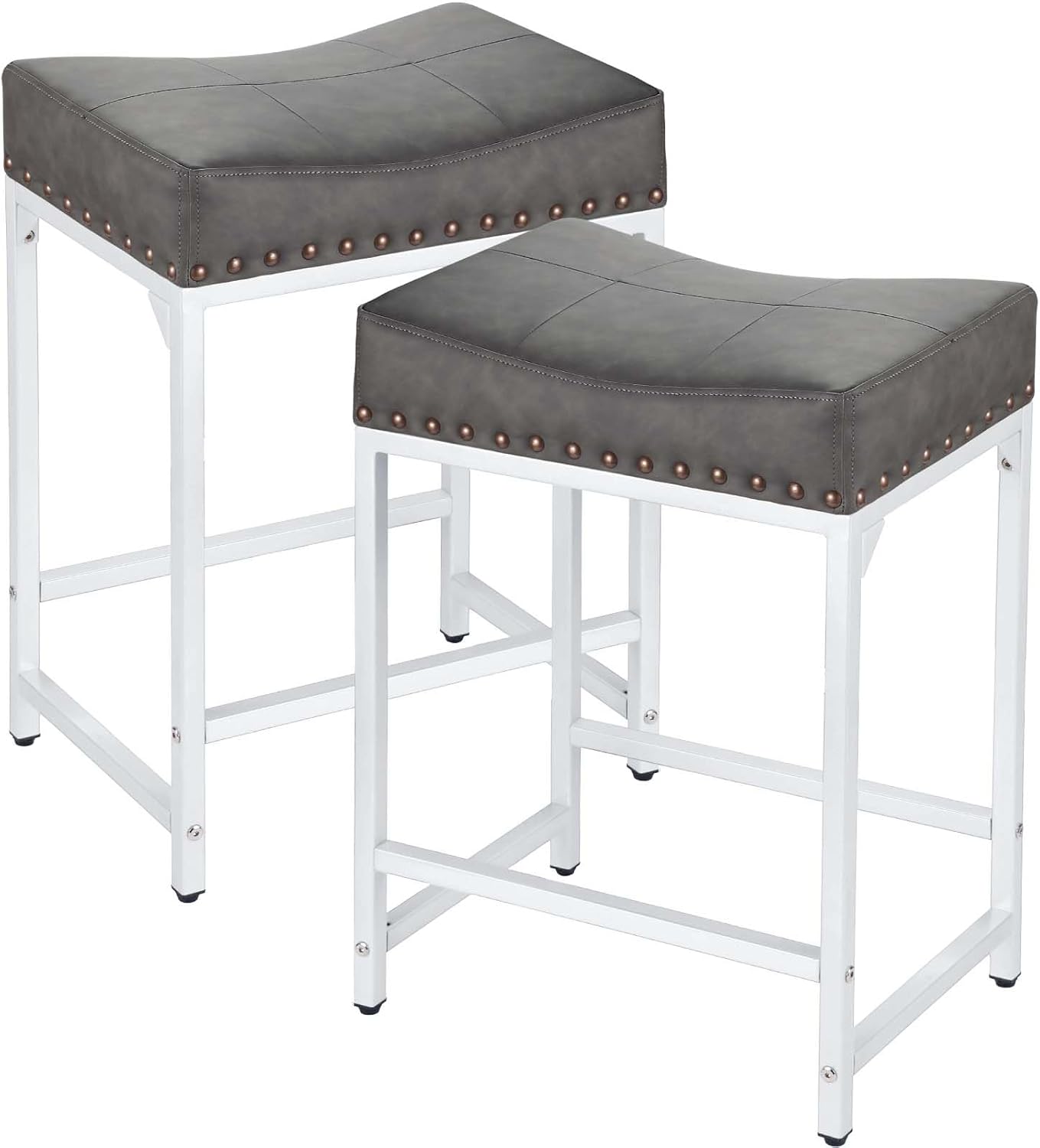 Bar Stools Set of 2, Counter Height Bar Stools with Thick Saddle Cushion and Barstools Metal Frame, 24" Modern Saddle Stool for Bar, Stool for Kitchen Counter Island Pub (Grey+White)