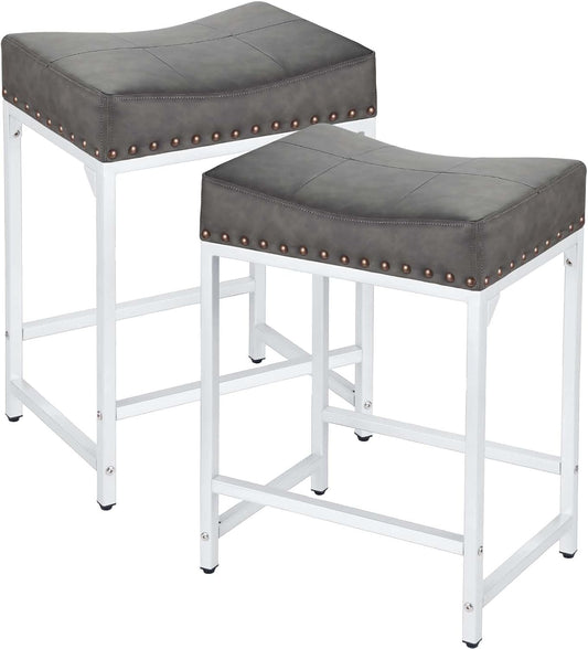 Bar Stools Set of 2, Counter Height Bar Stools with Thick Saddle Cushion and Barstools Metal Frame, 24" Modern Saddle Stool for Bar, Stool for Kitchen Counter Island Pub (Grey+White)