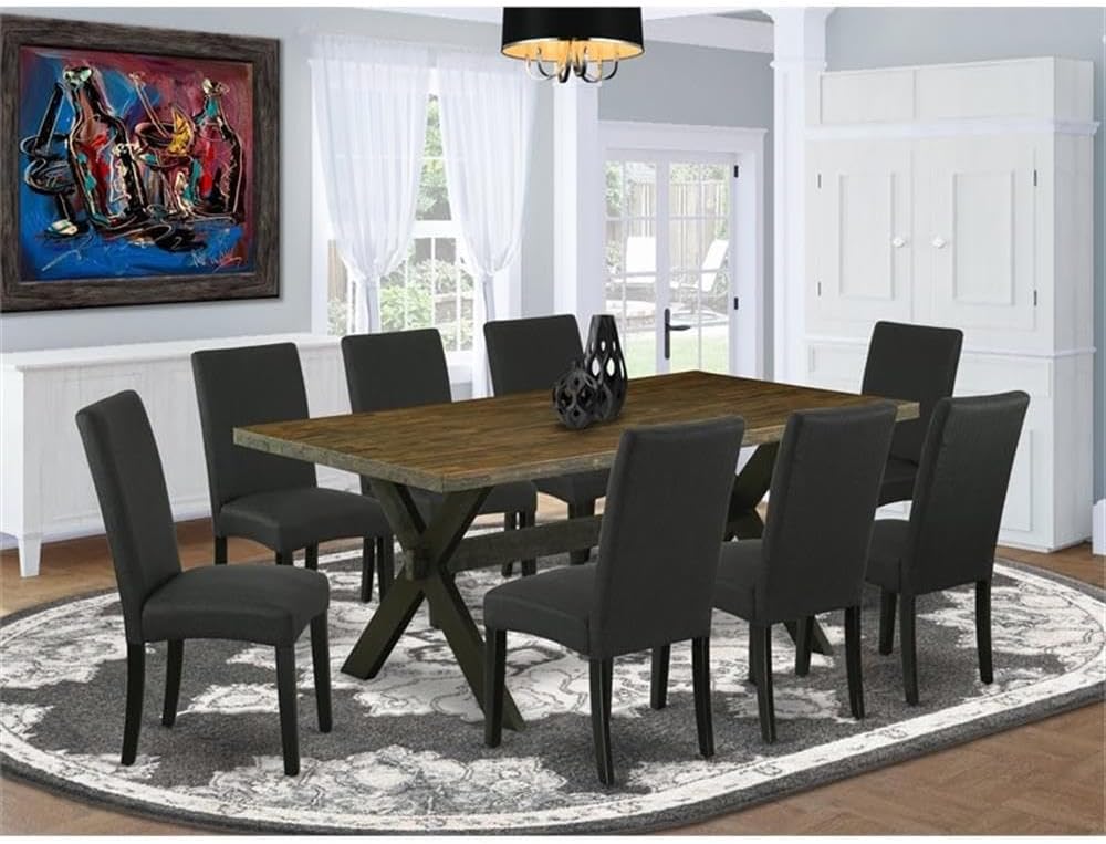East West Furniture X677DR124-9 9 Piece Dining Room Table Set Includes a Rectangle Kitchen Table with X-Legs and 8 Black Color Linen Fabric Parson Dining Chairs, 40x72 Inch, Multi-Color