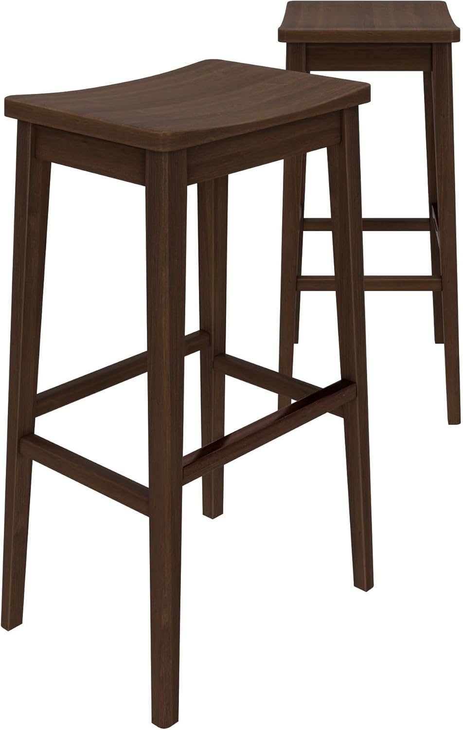 Plank+Beam Smythe Bar Stool, 30", Set of 2, Sturdy Wood Modern Kitchen Counter Height Stool, Saddle Seat Backless Counter Chair, Metal Footrest, Walnut