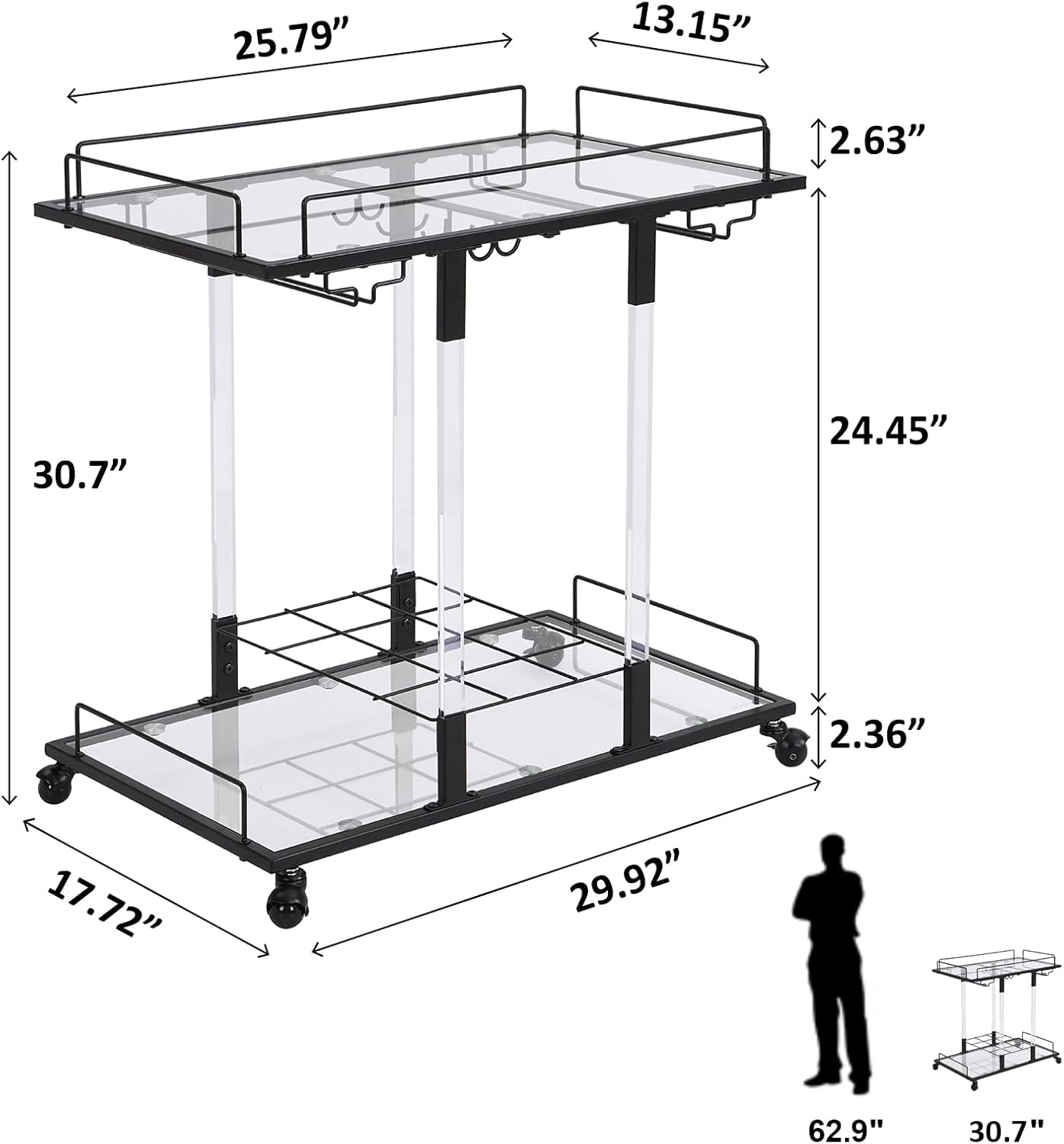 Bar Cart for Home Bar Chrome Serving Cart with Wine Rack 2-Tier Acrylic Rolling Bar Carts on Wheels Clear Dessert Cart Lucite Bar Stand Glass Liquor Cart for Living Room Kitchen Club Black