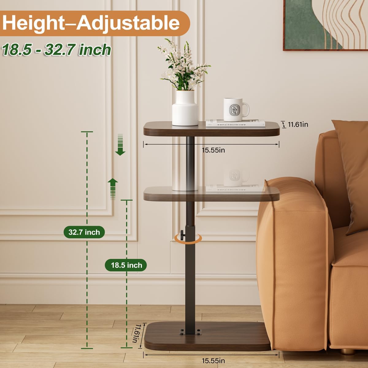 Adjustable Side Table TV Tray, C Shaped End Table, Small Bedside Table, Mid Century Modern Accent Nightstand for Living Room, Bedroom, Corners and Office (Walnut)