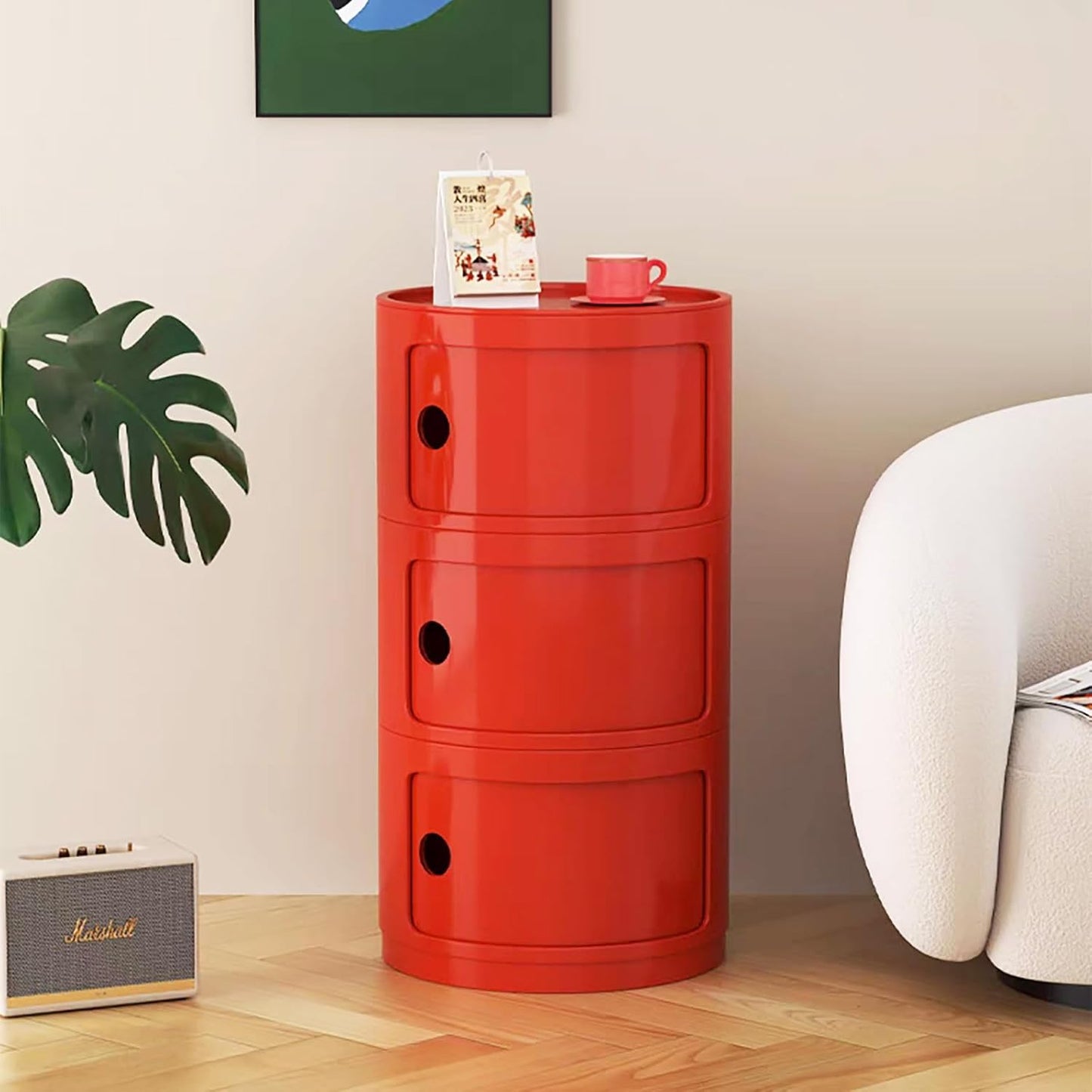 3 Tier Round Nightstand with Drawers, Red Round Side Table Small Plastic Storage End Table Suitable for Bedroom, Living Room, Bathroom (Red)