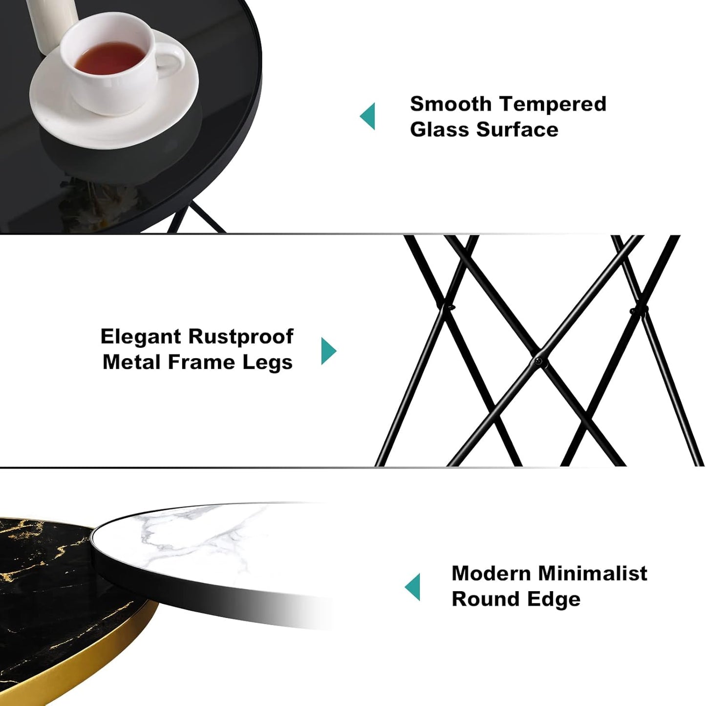 HLR Modern Round Side Table Set of 2, End Table with Marble Effect Top and Gold Metal Frame, Small Side Table for Living Room, Bedroom, Sofa and Couch, Black Legs, Black Glass top