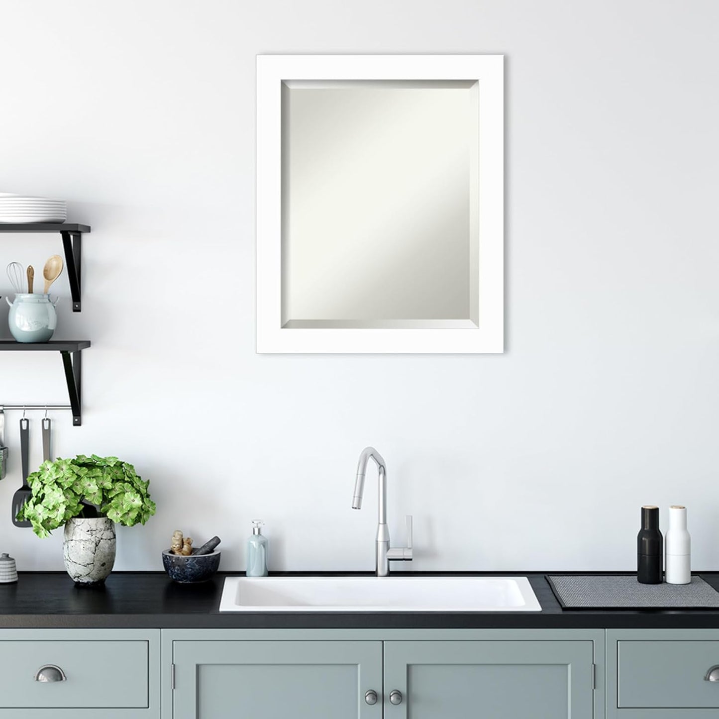 Amanti Art White Bathroom Mirror for Over Sink, 24x20 Basic White Narrow Rectangle Vanity Mirror, Small Casual Wood Frame, Hangs Horizonally and Vertically, Bathroom Wall Decor, Beveled Edge from WI