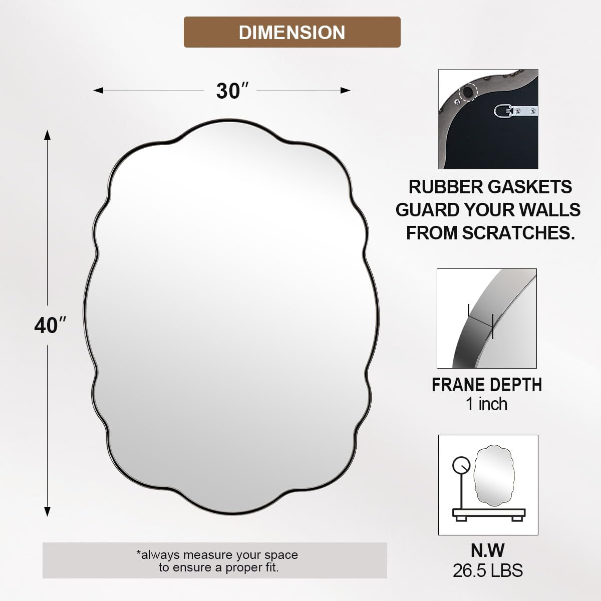 ANDY STAR Chrome Vintage Scalloped Mirror - 30x40 Inch Retro Bathroom Mirror, Unique Irregular Oval Wavy Mirror with Heavy Duty Metal Frame