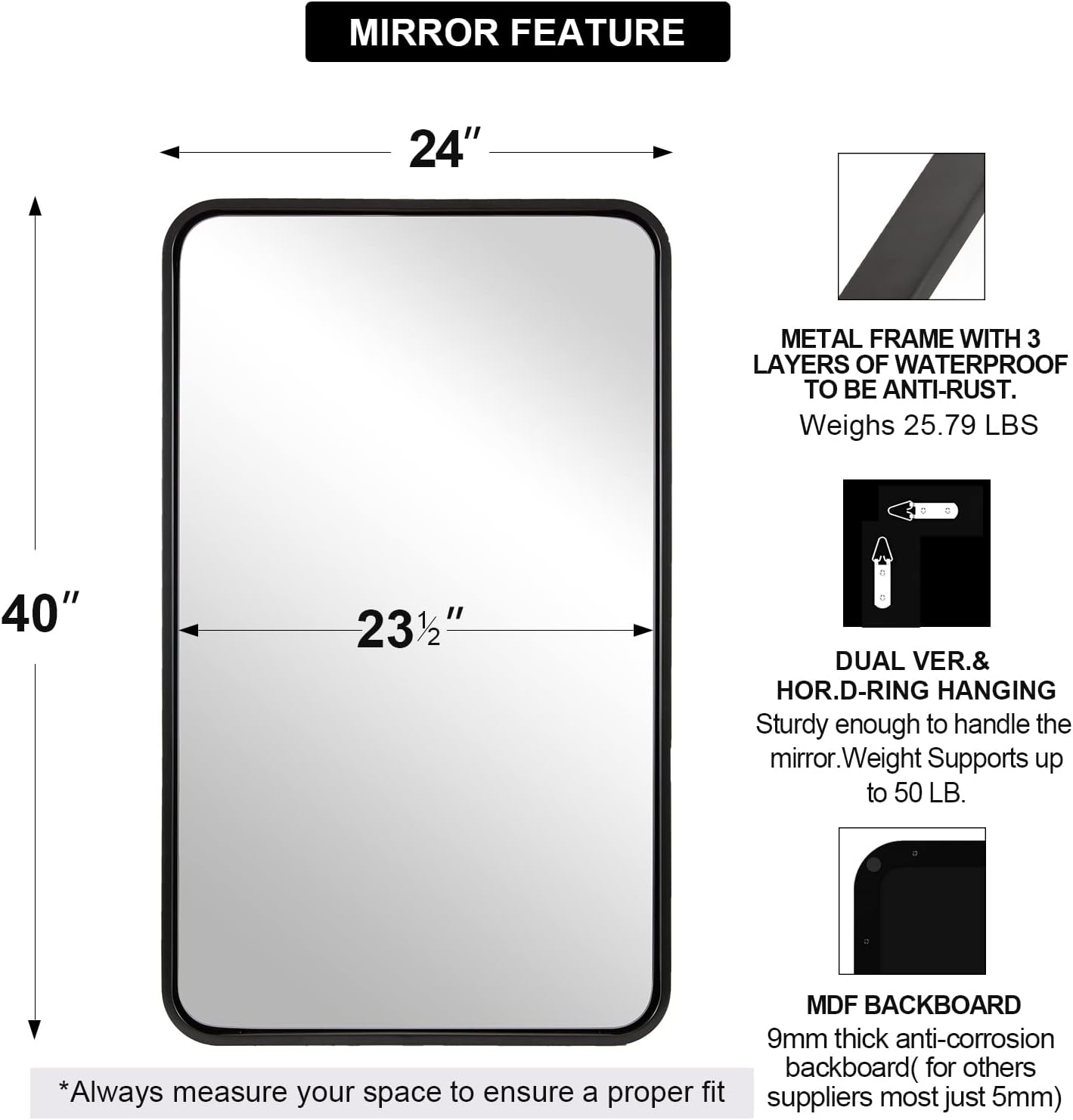 ANDY STAR Wall Mirror for Bathroom, 24x40 Inch Bathroom Vanity Mirror, Black Rounded Rectangle Mirror, Tube Iron Metal Wall-Mounted, Horizontal/Vertical