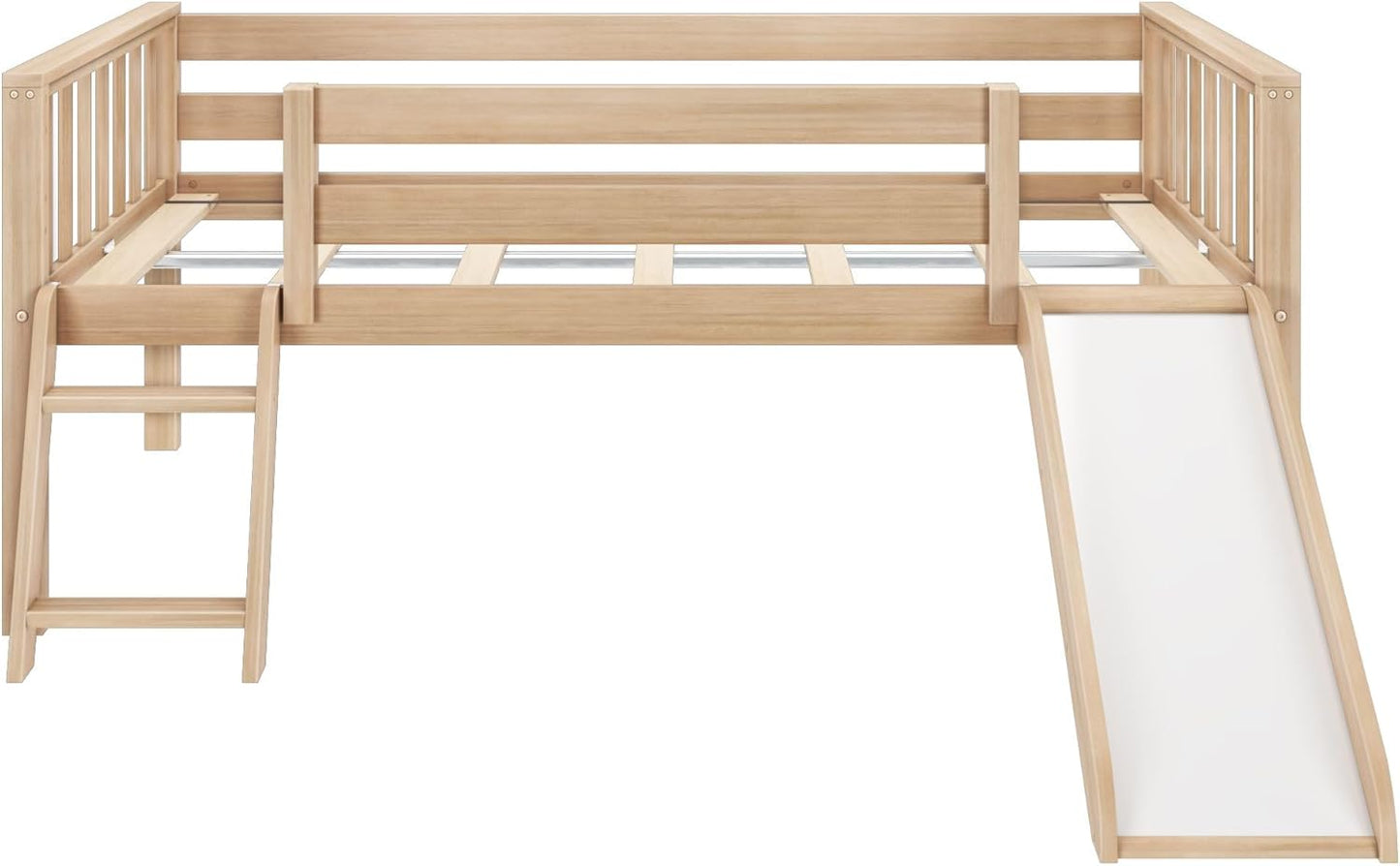 Max & Lily Twin Ultra Low Loft Bed with Slide and Climbing Ladder, Solid Wood Bed for Kids, Space Saving Design for Small Rooms, Twin Size Loft Bed with 14 Inch Guardrails, Anti Slip Steps, Blonde