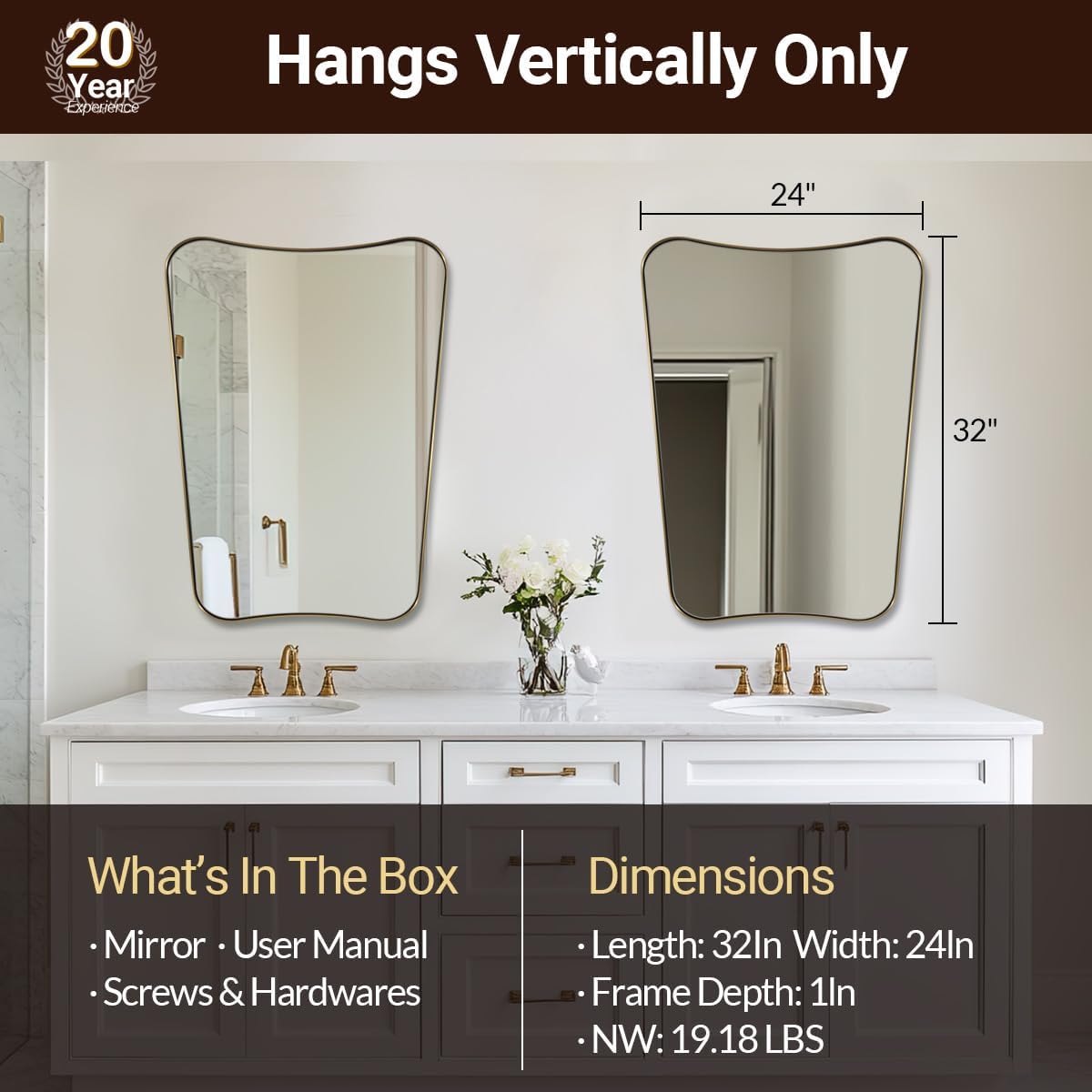 ANDY STAR 24x32 Inch Gold Mirror, Bathroom Vanity Mirror, Antique Brass Butterfly Mirror, Irregular Wall Mirror with Unique Curved Design Ideal for Home Remodel, Anti-Rust 1” Frame