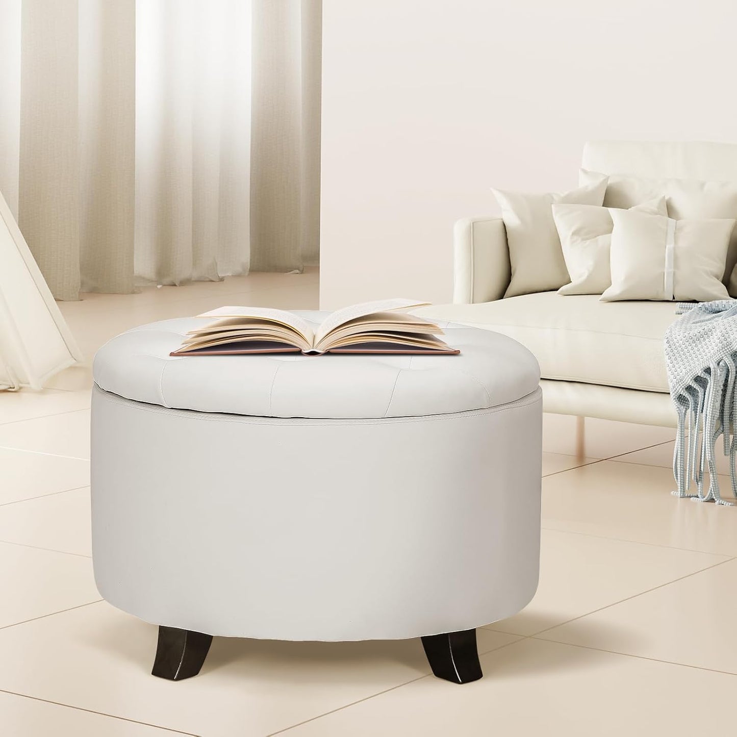 Athena Collection 24.5 Inch Small Ottoman with Storage, Round PU Leather Storage Ottoman Foot Rest with Removable Lid, Multipurpose Footstool Footrest for Livingroom, Bedroom, Dorm, White