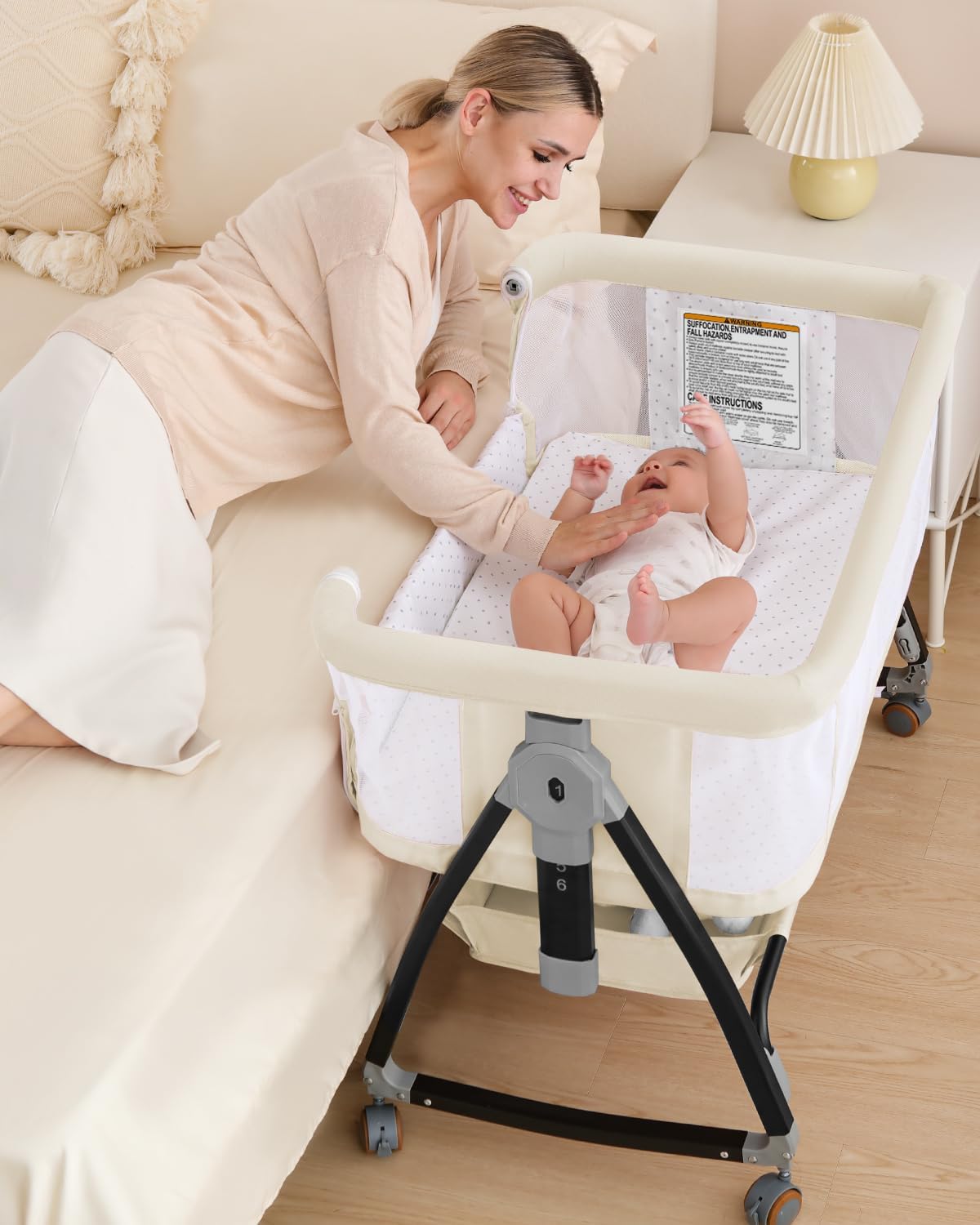 3 in 1 Baby Bassine Crib with Breathable Mesh, Bassinet Bedside Sleeper with Wheels, Mosquito Net, Storage Basket, 6 Height Adjustable, Easy to Fold, Rocking Bassinet for Baby