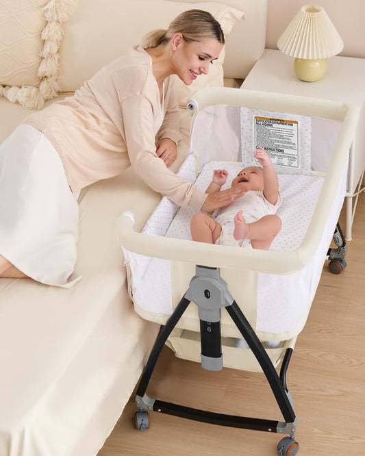 3 in 1 Baby Bassine Crib with Breathable Mesh, Bassinet Bedside Sleeper with Wheels, Mosquito Net, Storage Basket, 6 Height Adjustable, Easy to Fold, Rocking Bassinet for Baby
